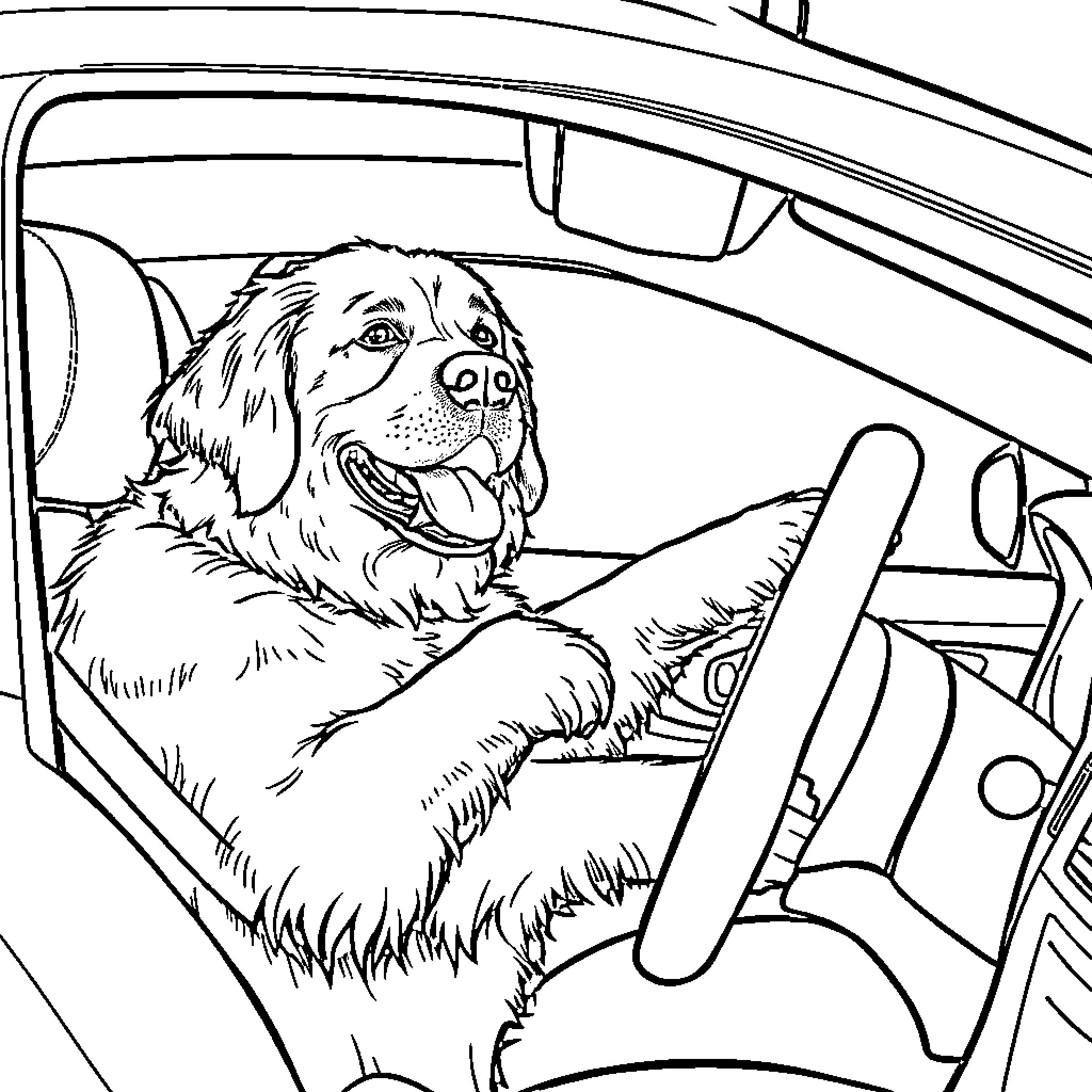 Golden Retriever driving a car Coloring Page (free black-and-white line drawing printable PDF for all, from beginners to advanced learners, including children, teens, adults, and seniors)