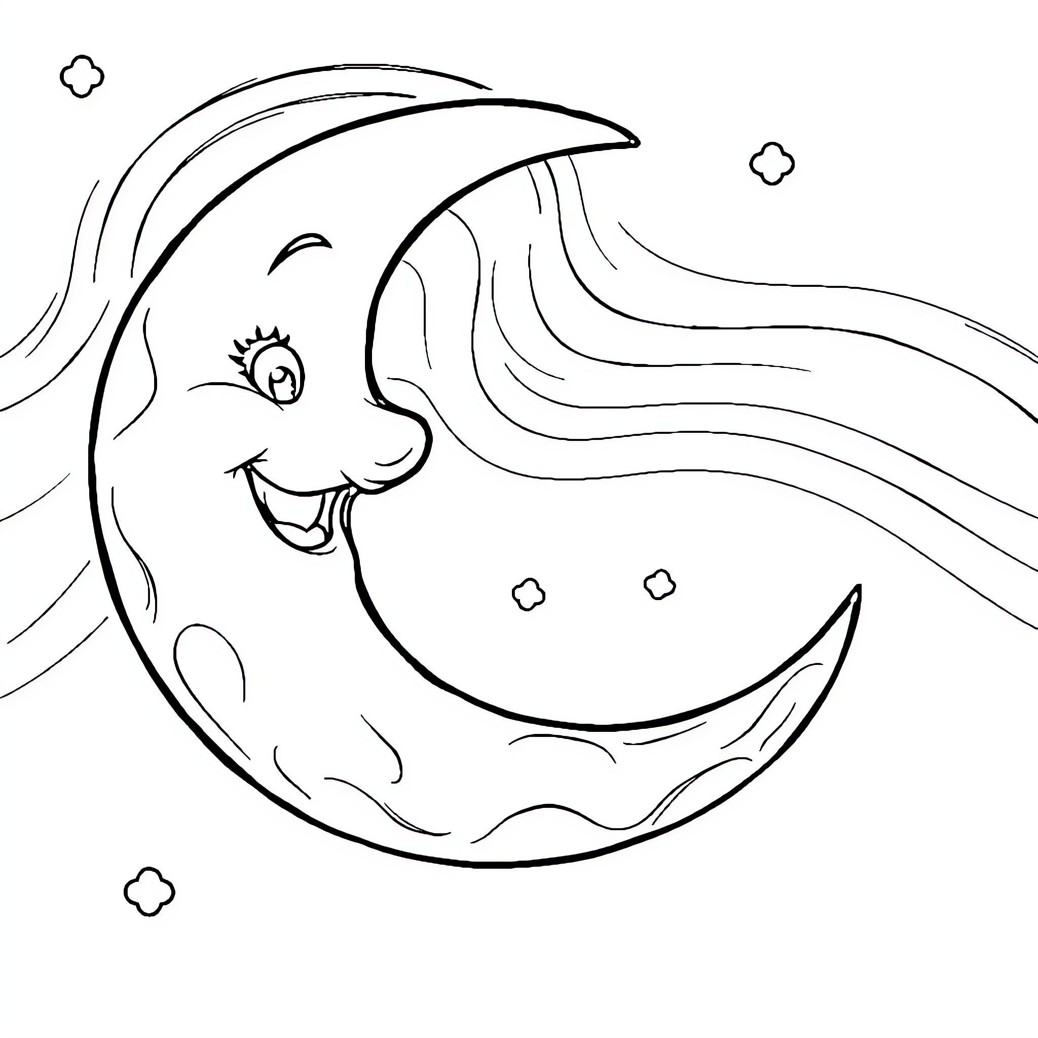 Crescent Moon smiling with stars Coloring Page (free black-and-white line drawing printable PDF for all, from beginners to advanced learners, including children, teens, adults, and seniors)
