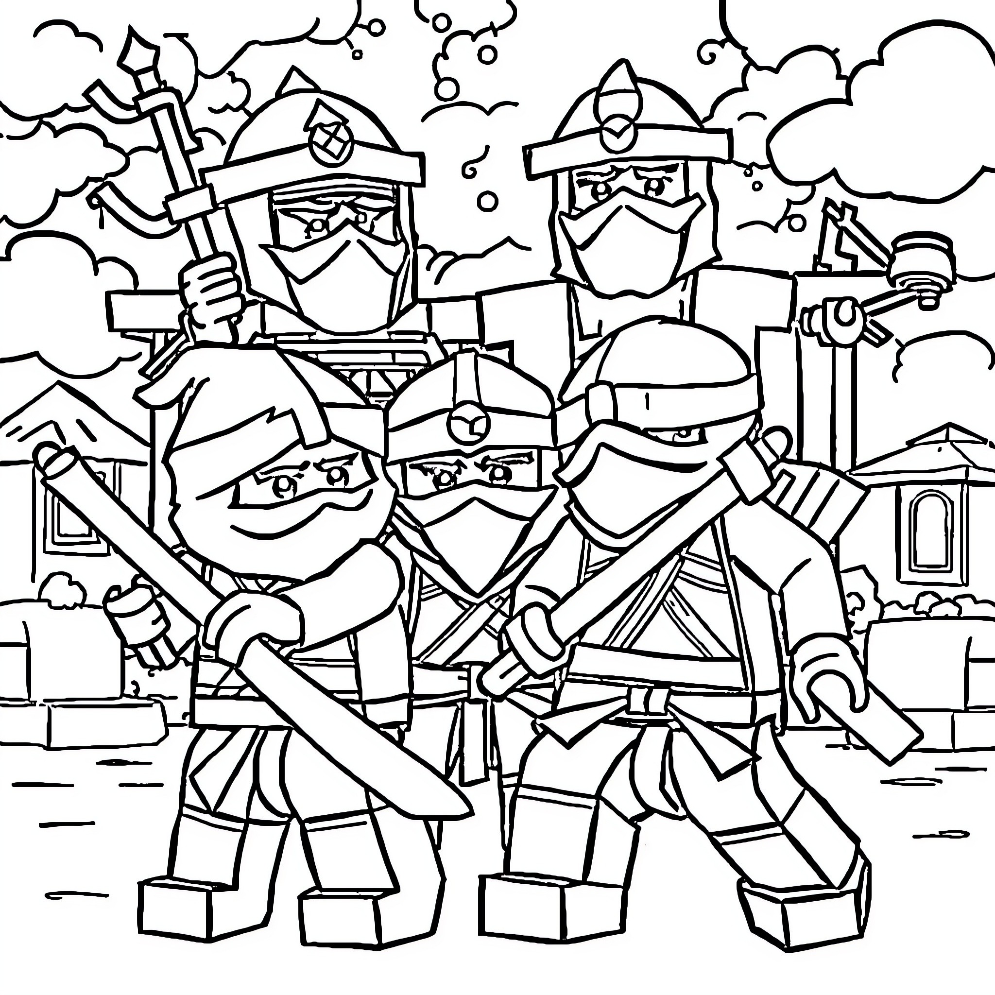 Ninjago warriors in action against adversaries Coloring Page (free black-and-white line drawing printable PDF for all, from beginners to advanced learners, including children, teens, adults, and seniors)