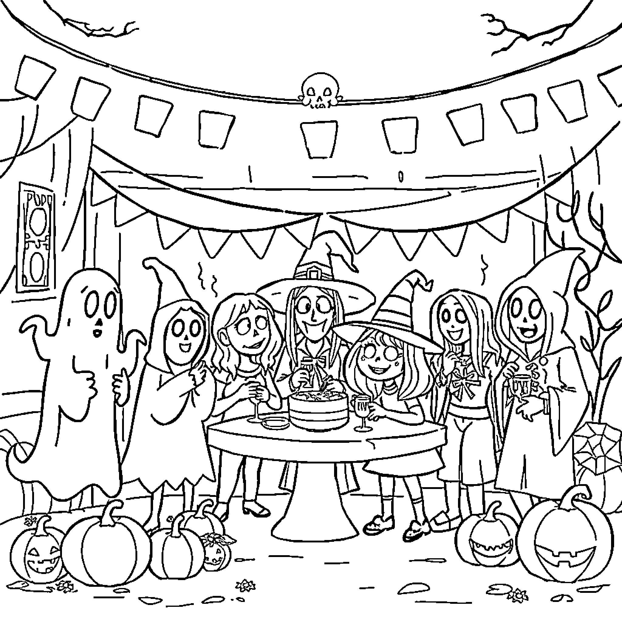 Halloween party with spooky costumes and decorations Coloring Page (free black-and-white line drawing printable PDF for all, from beginners to advanced learners, including children, teens, adults, and seniors)