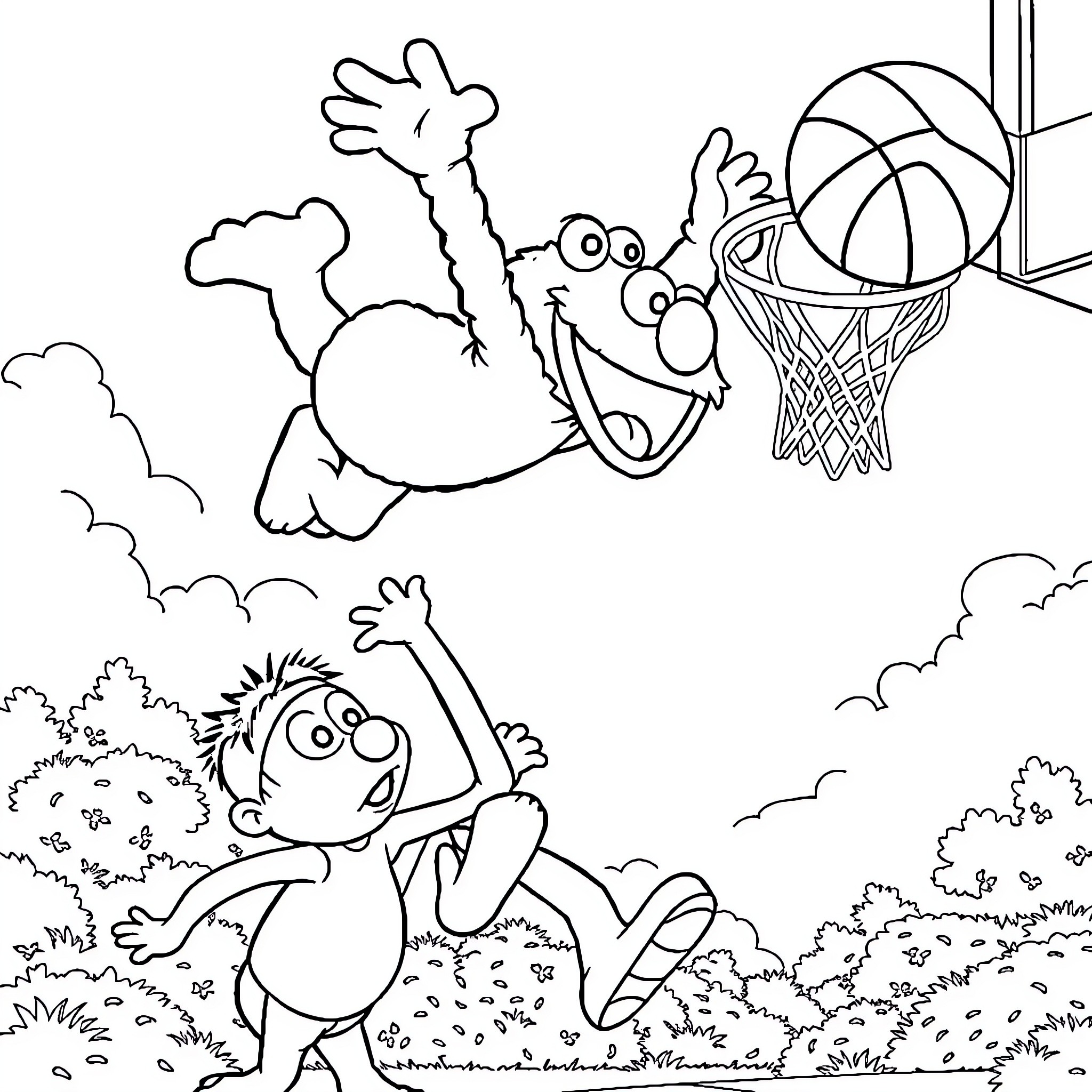 Elmo playing basketball with friends in the park Coloring Page (free black-and-white line drawing printable PDF for all, from beginners to advanced learners, including children, teens, adults, and seniors)