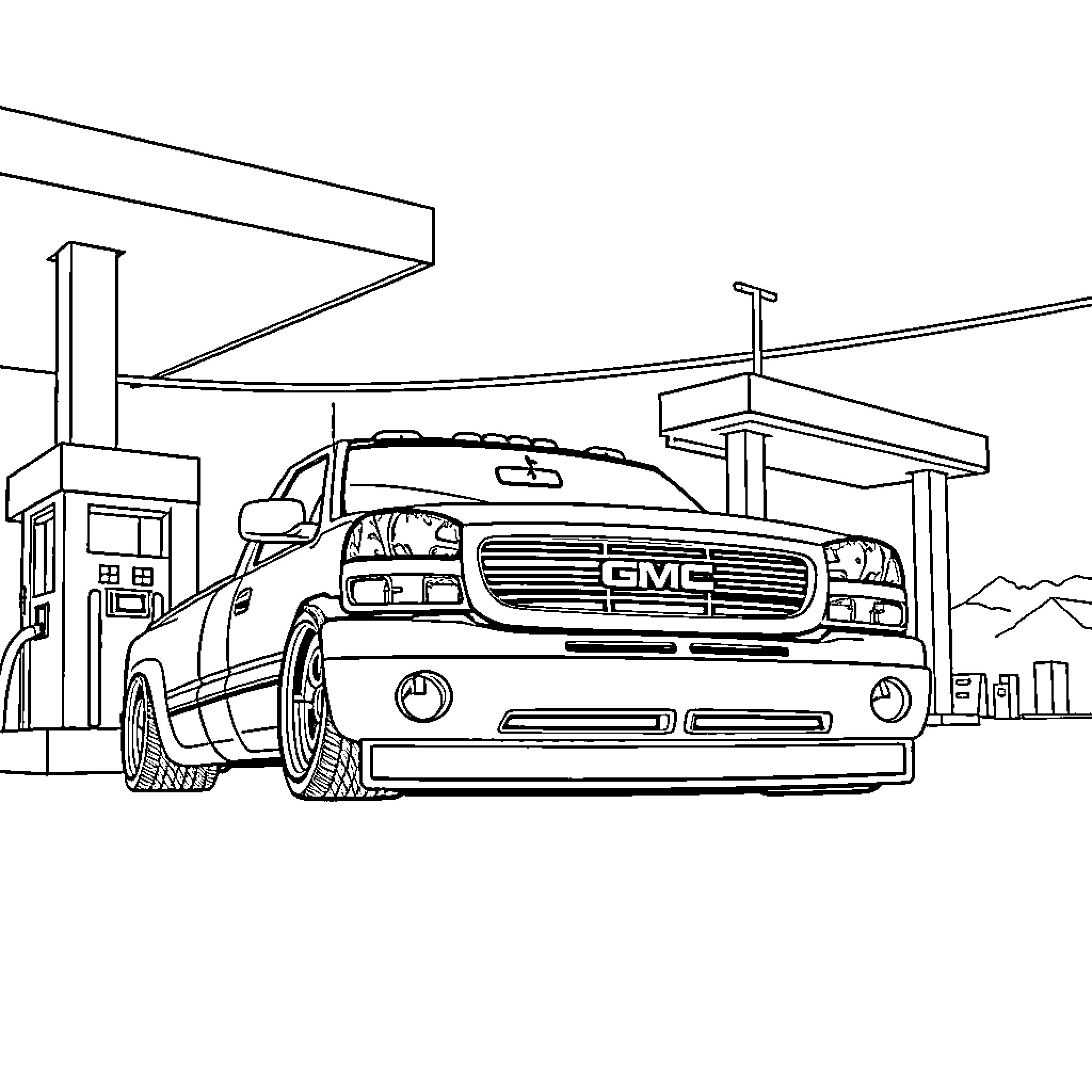 GMC Sierra at a gas station Coloring Page (free black-and-white line drawing printable PDF for all, from beginners to advanced learners, including children, teens, adults, and seniors)