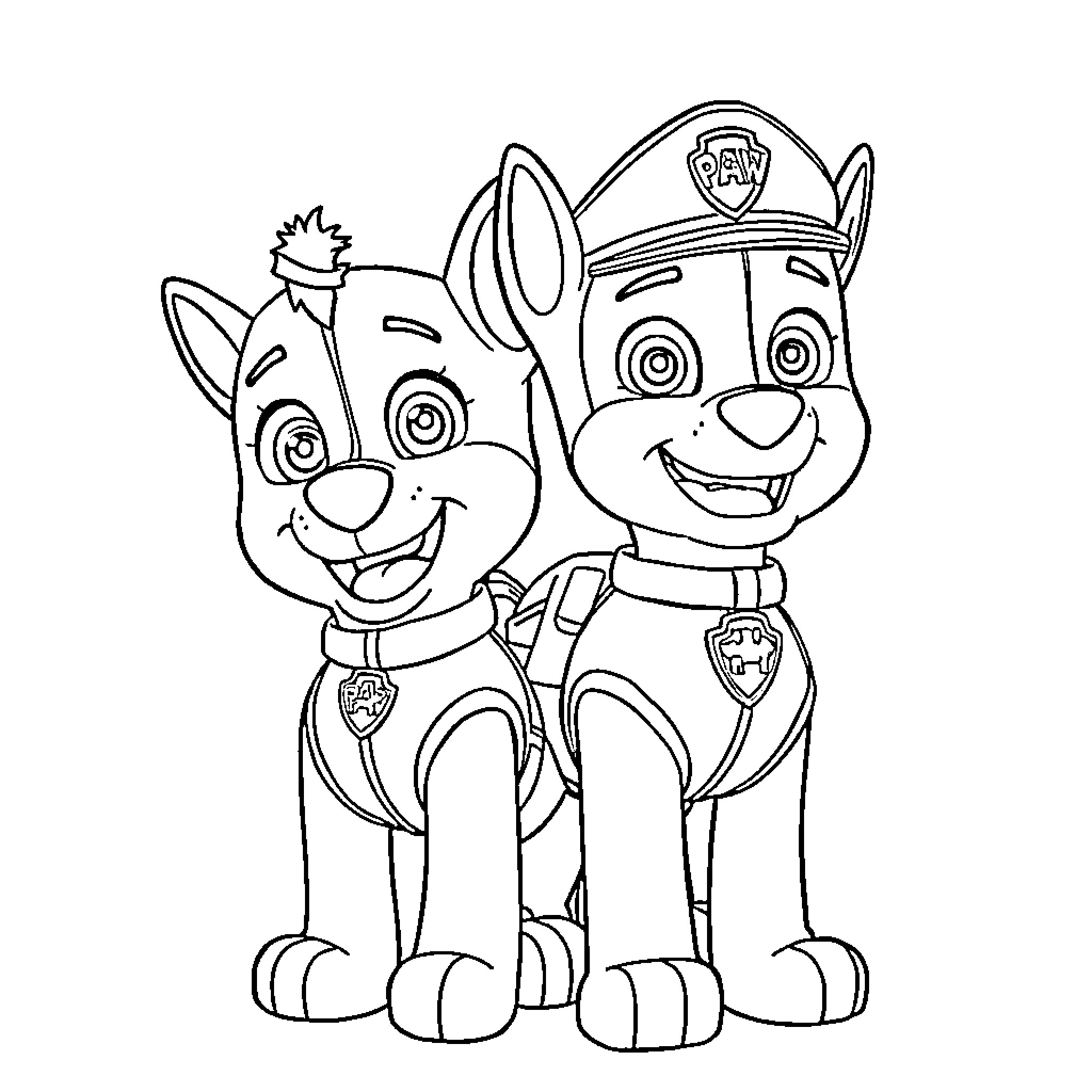 Paw Patrol pups in uniform smiling Coloring Page (free black-and-white line drawing printable PDF for all, from beginners to advanced learners, including children, teens, adults, and seniors)