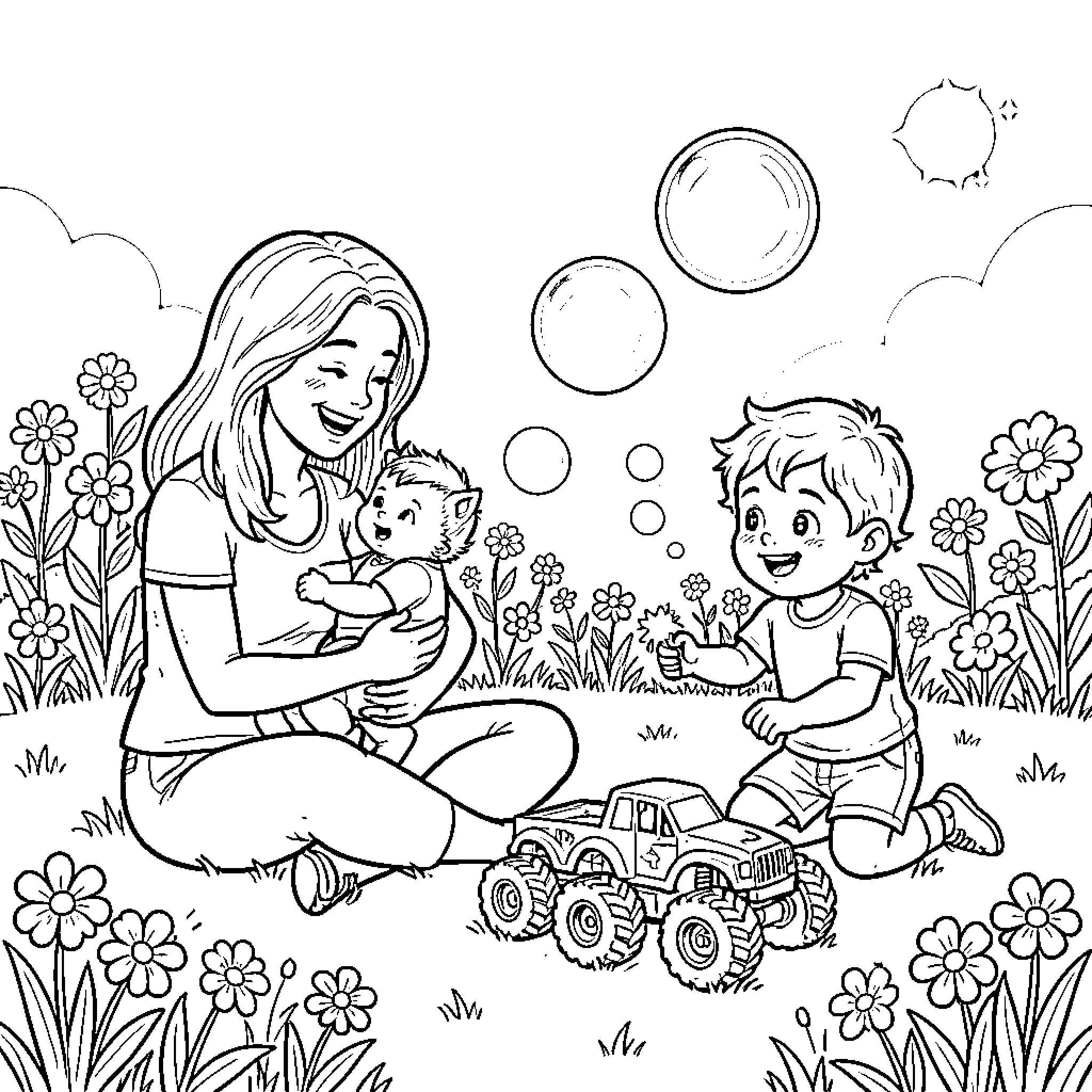 Mom playing joyfully with kids in the garden Coloring Page (free black-and-white line drawing printable PDF for all, from beginners to advanced learners, including children, teens, adults, and seniors)