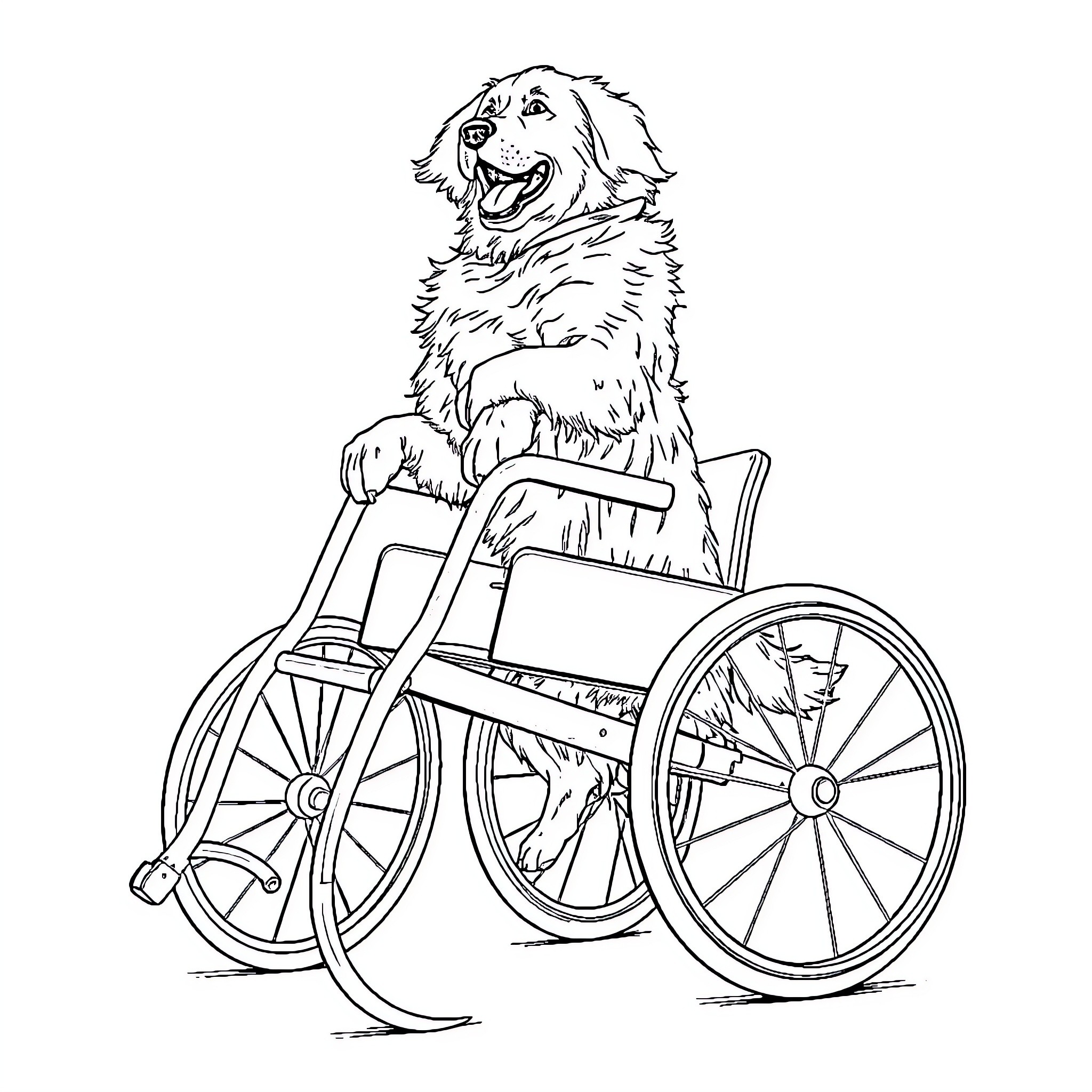 Golden Retriever in a Wheelchair Coloring Page (free black-and-white line drawing printable PDF for all, from beginners to advanced learners, including children, teens, adults, and seniors)
