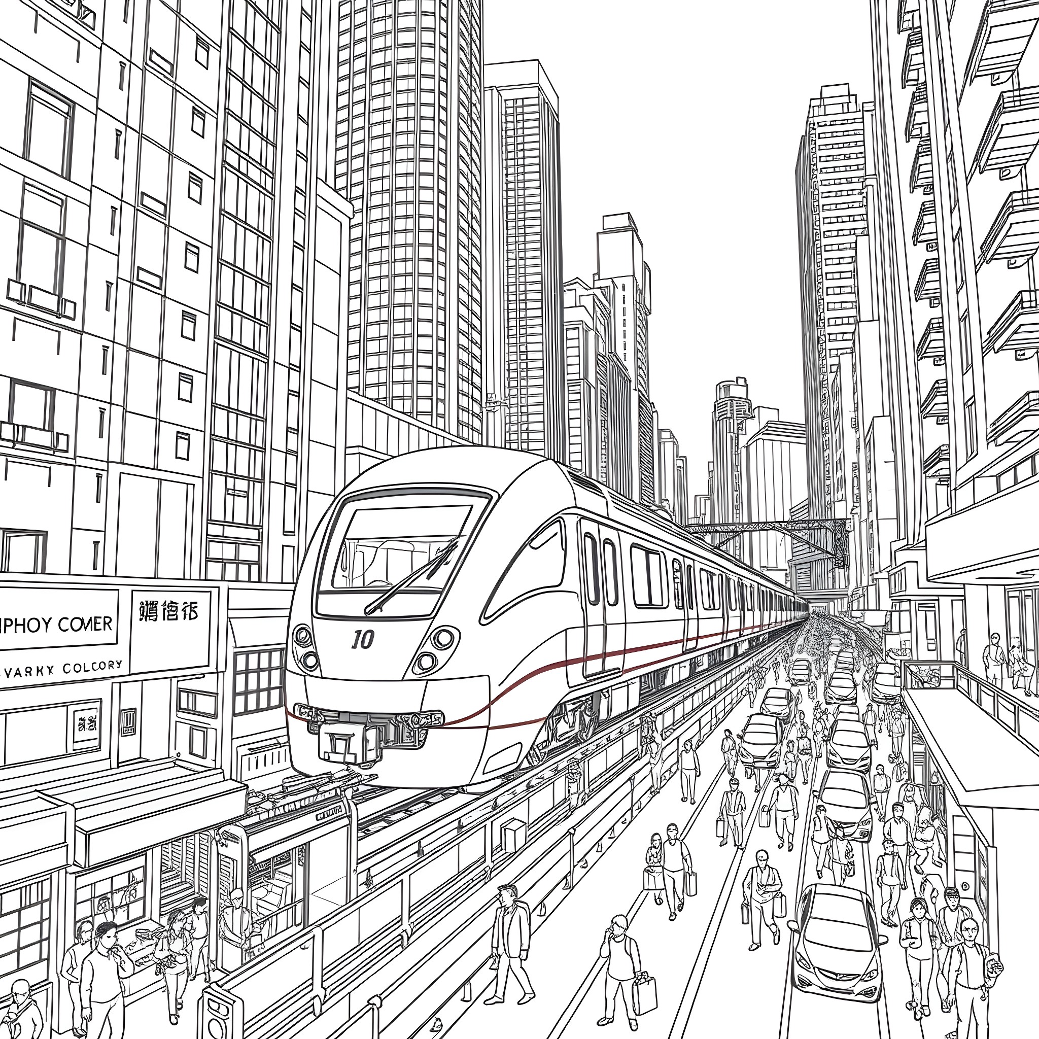 Train Transporting Passengers Through a Bustling City Coloring Page (free black-and-white line drawing printable PDF for all, from beginners to advanced learners, including children, teens, adults, and seniors)