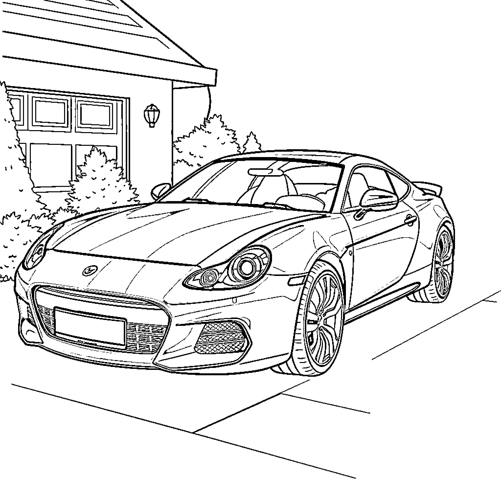 Auto Sleek Sports Car on a Suburban Street Coloring Page (free black-and-white line drawing printable PDF for all, from beginners to advanced learners, including children, teens, adults, and seniors)