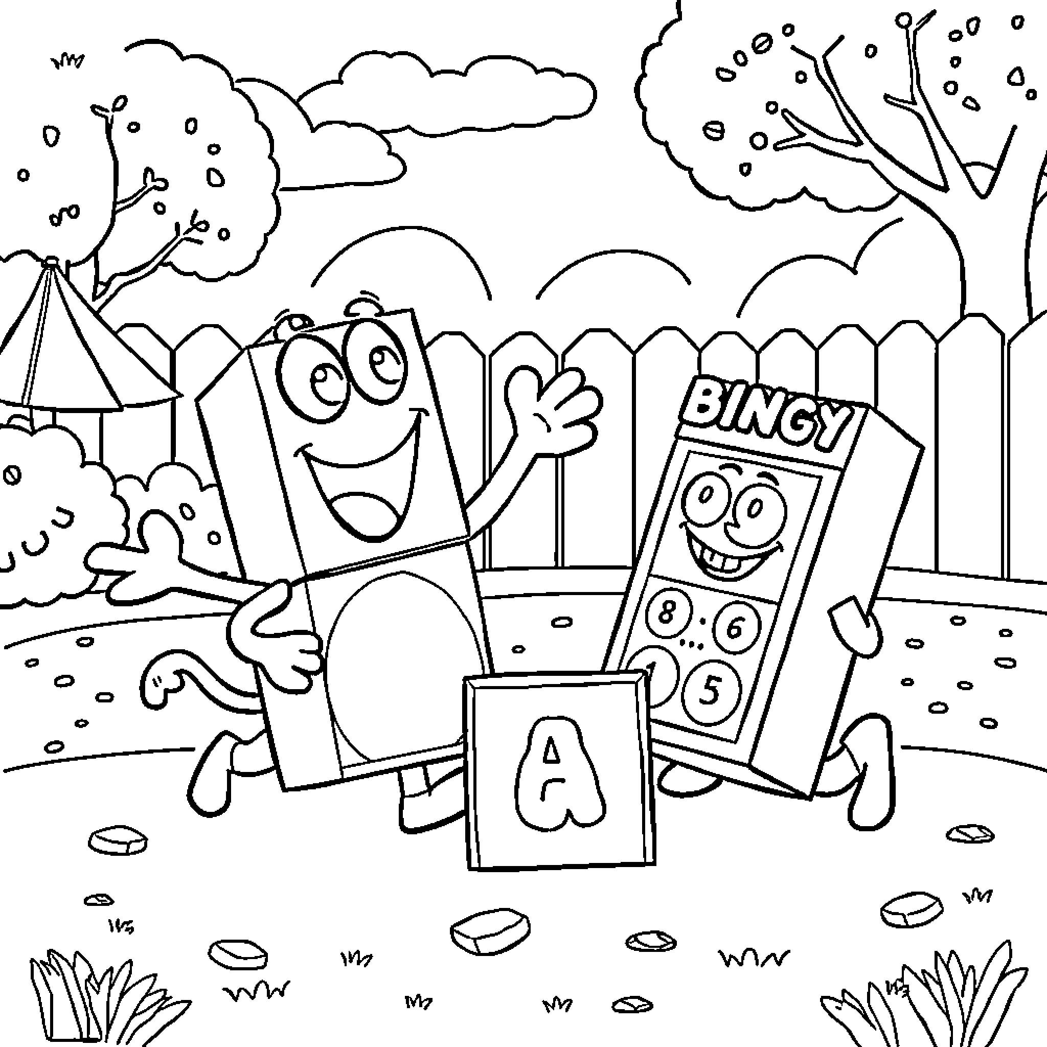 Number Block Characters in Playful Outdoor Scene Coloring Page (free black-and-white line drawing printable PDF for all, from beginners to advanced learners, including children, teens, adults, and seniors)
