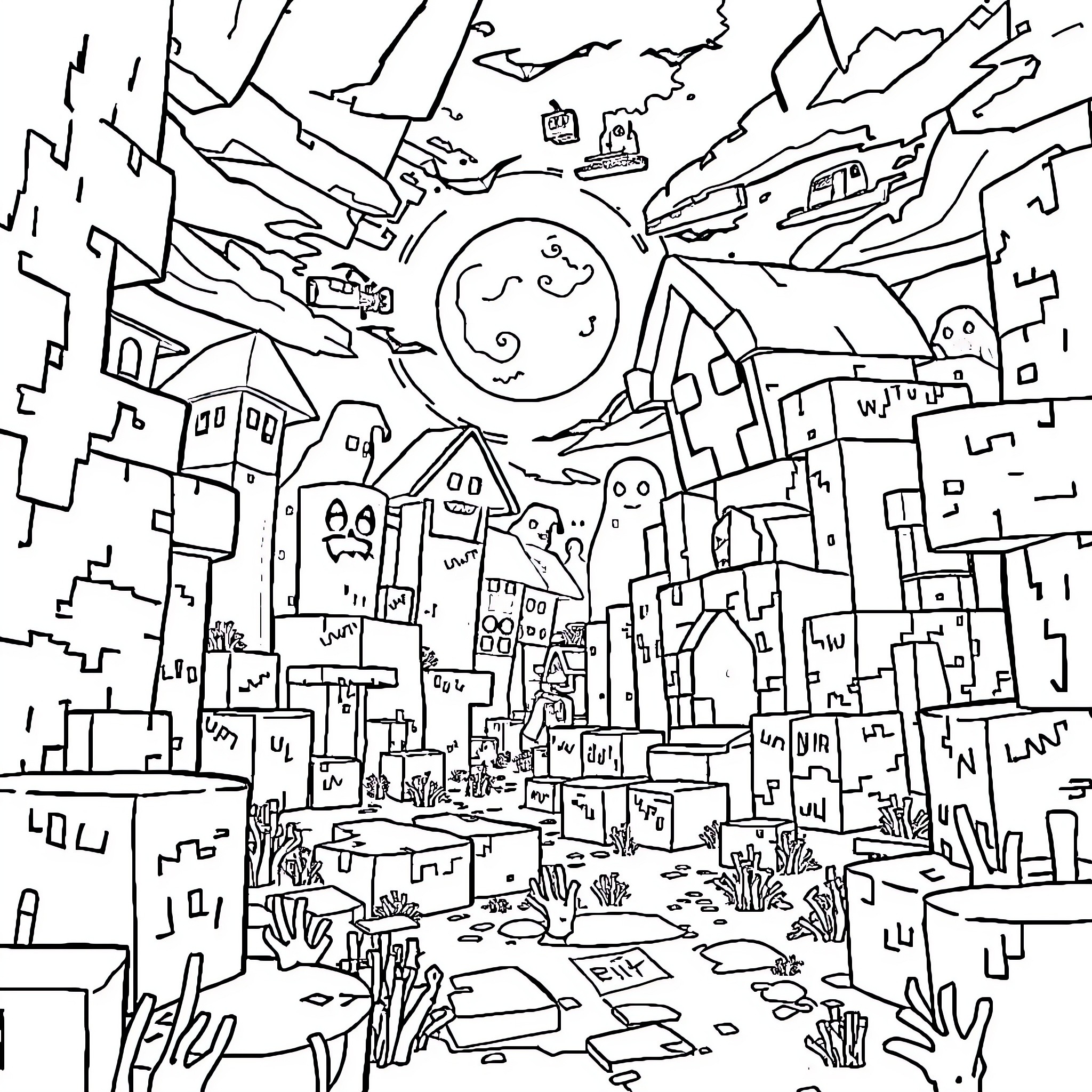 Minecraft characters explore a surreal, fantastical landscape Coloring Page (free black-and-white line drawing printable PDF for all, from beginners to advanced learners, including children, teens, adults, and seniors)