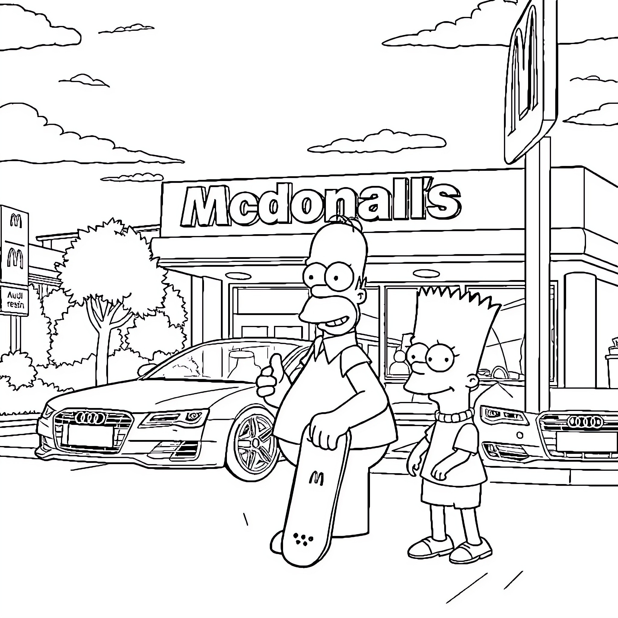Homer Simpson and Bart at the Mcdonald's restaurant Coloring Page (free black-and-white line drawing printable PDF for all, from beginners to advanced learners, including children, teens, adults, and seniors)