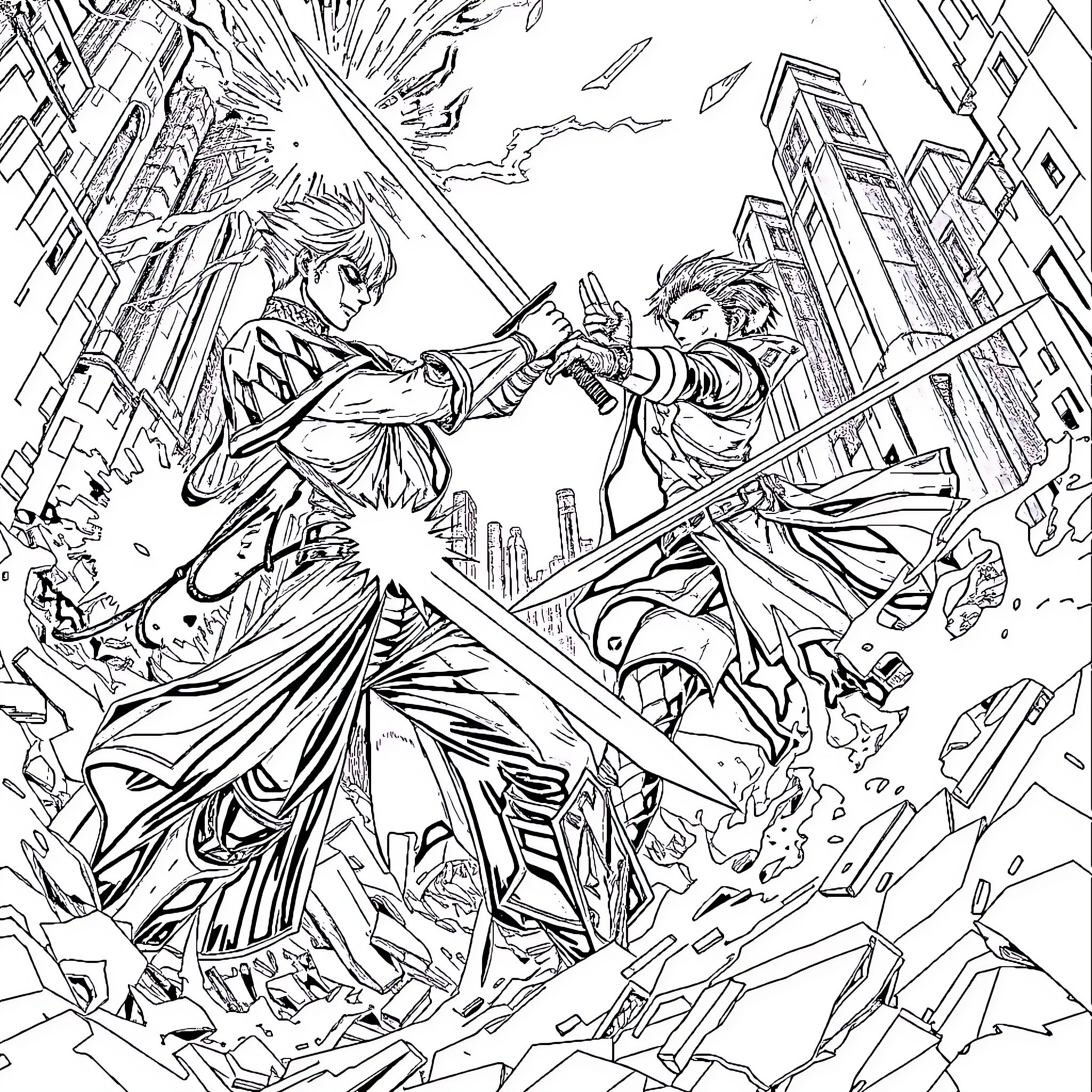Dante's epic battle against a formidable adversary Coloring Page (free black-and-white line drawing printable PDF for all, from beginners to advanced learners, including children, teens, adults, and seniors)