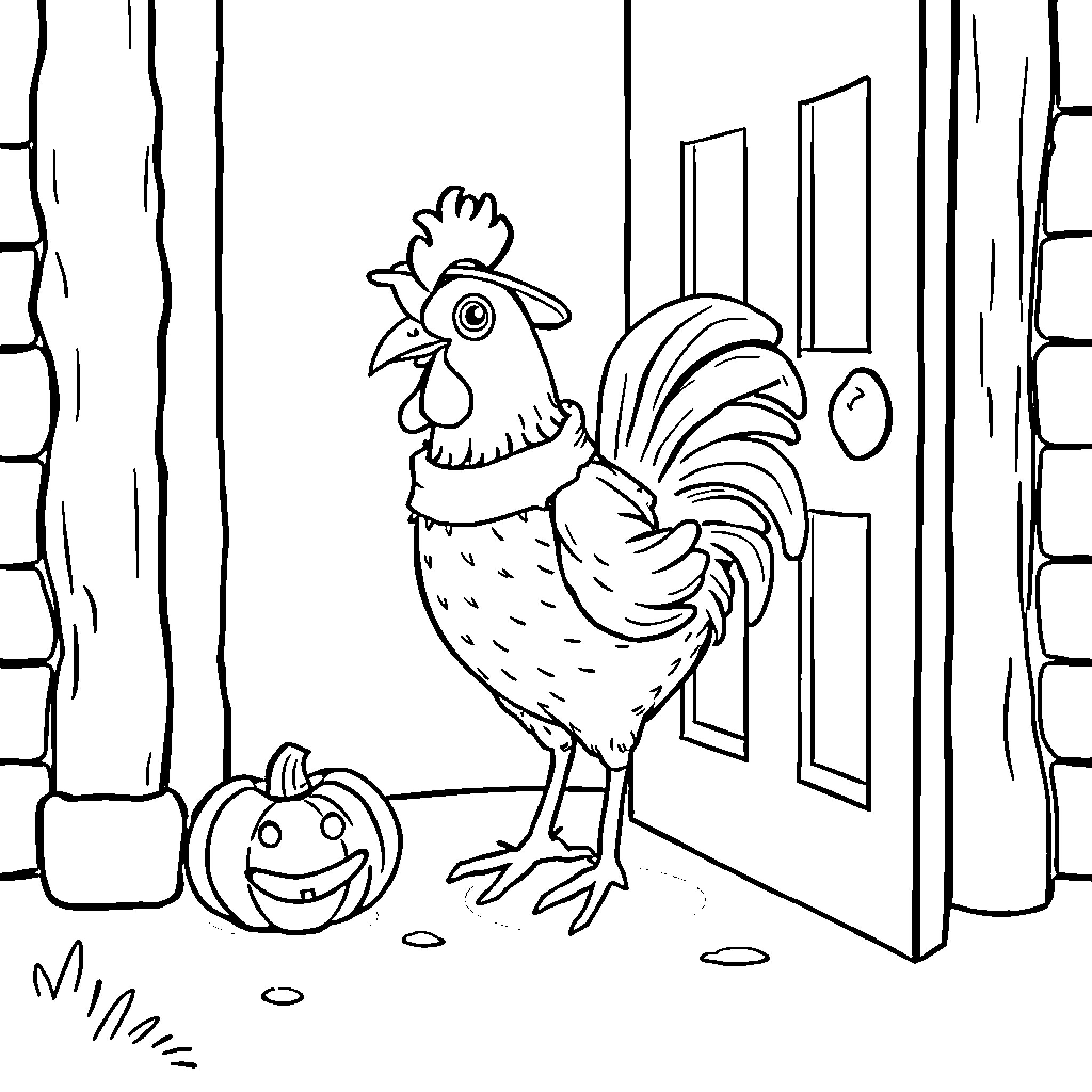 Chicken with pumpkin in Halloween scene Coloring Page (free black-and-white line drawing printable PDF for all, from beginners to advanced learners, including children, teens, adults, and seniors)