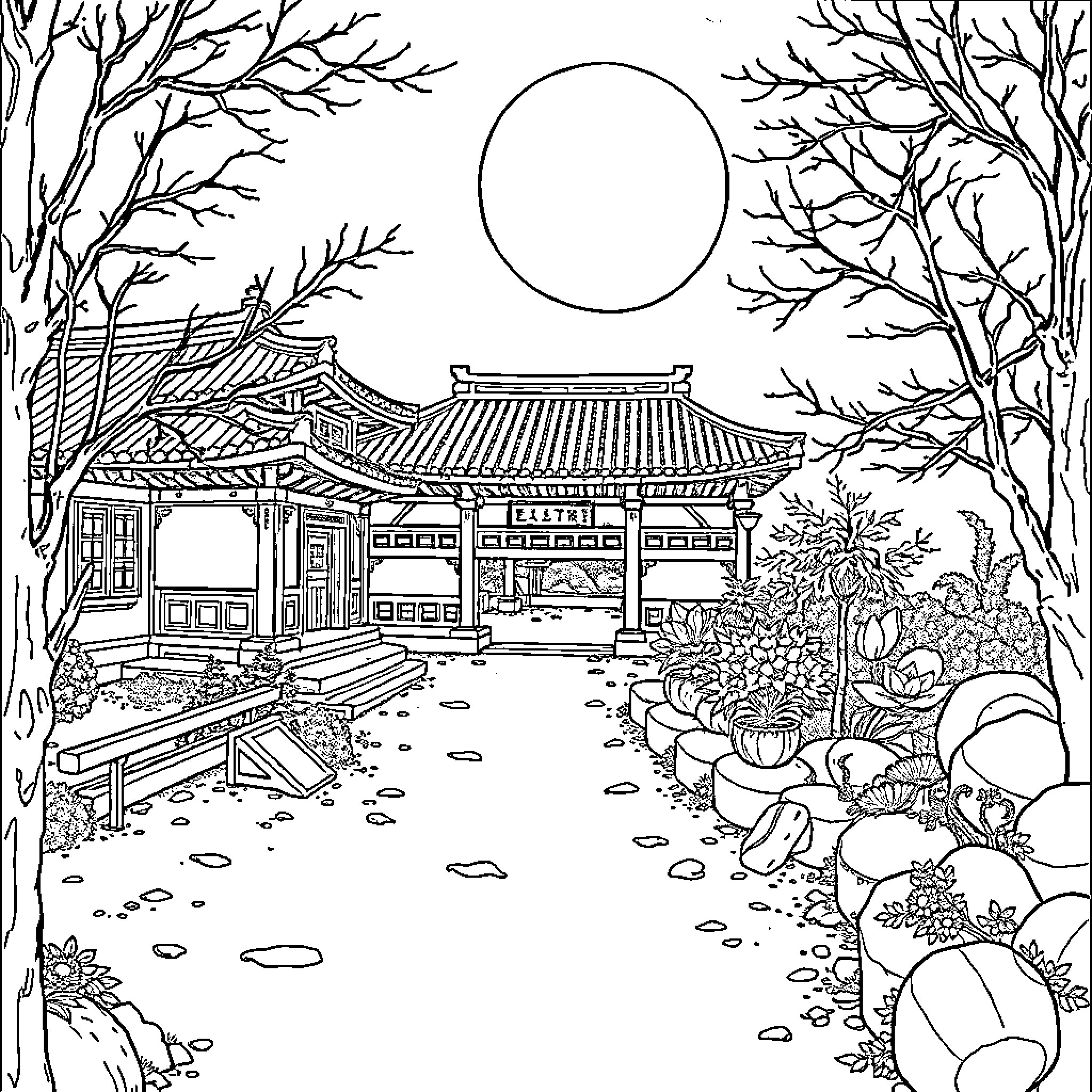 Eiffel Tower and Traditional Japanese Buildings in Autumn Coloring Page (free black-and-white line drawing printable PDF for all, from beginners to advanced learners, including children, teens, adults, and seniors)