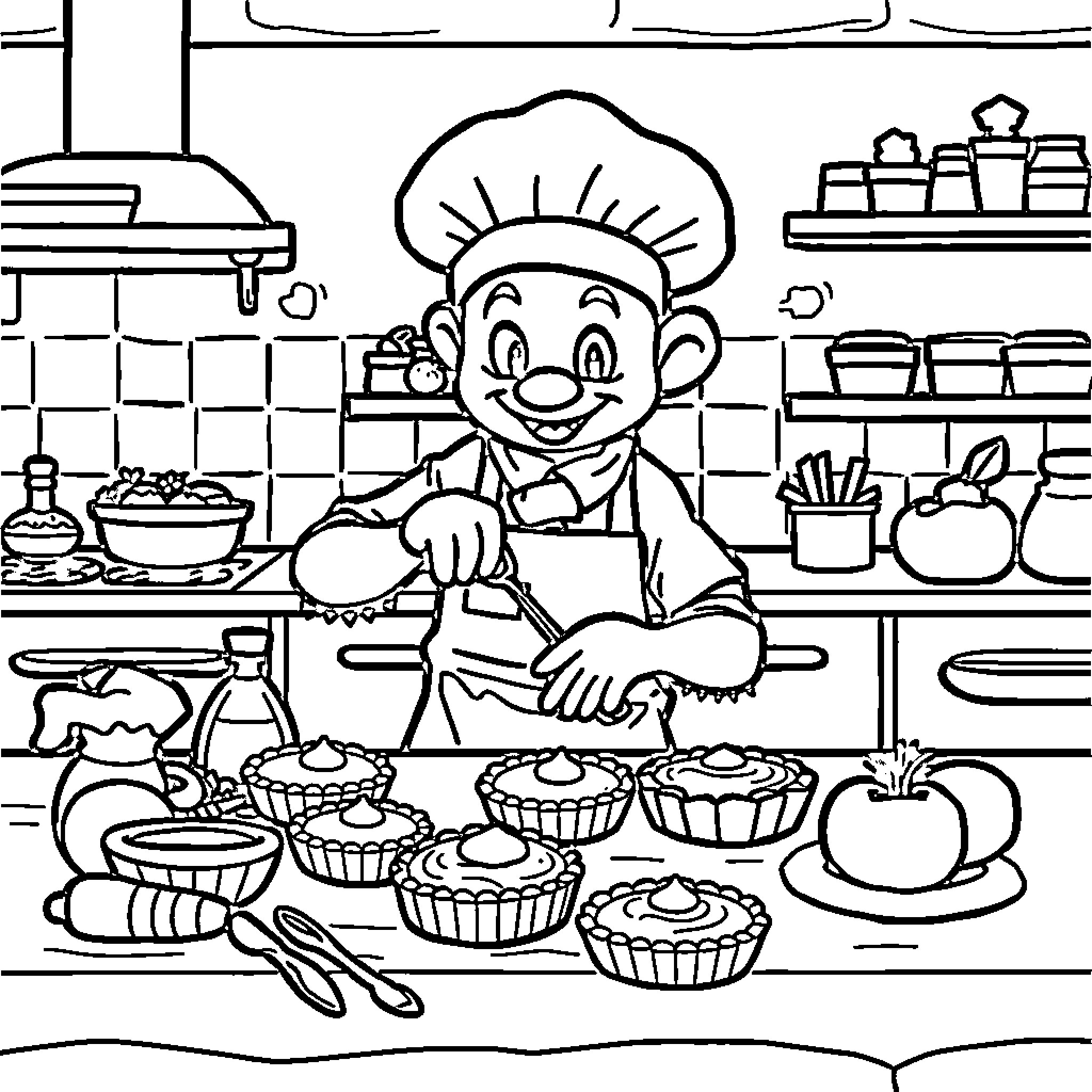 Bluey the Cheerful Chef Baking in the Kitchen Coloring Page (free black-and-white line drawing printable PDF for all, from beginners to advanced learners, including children, teens, adults, and seniors)