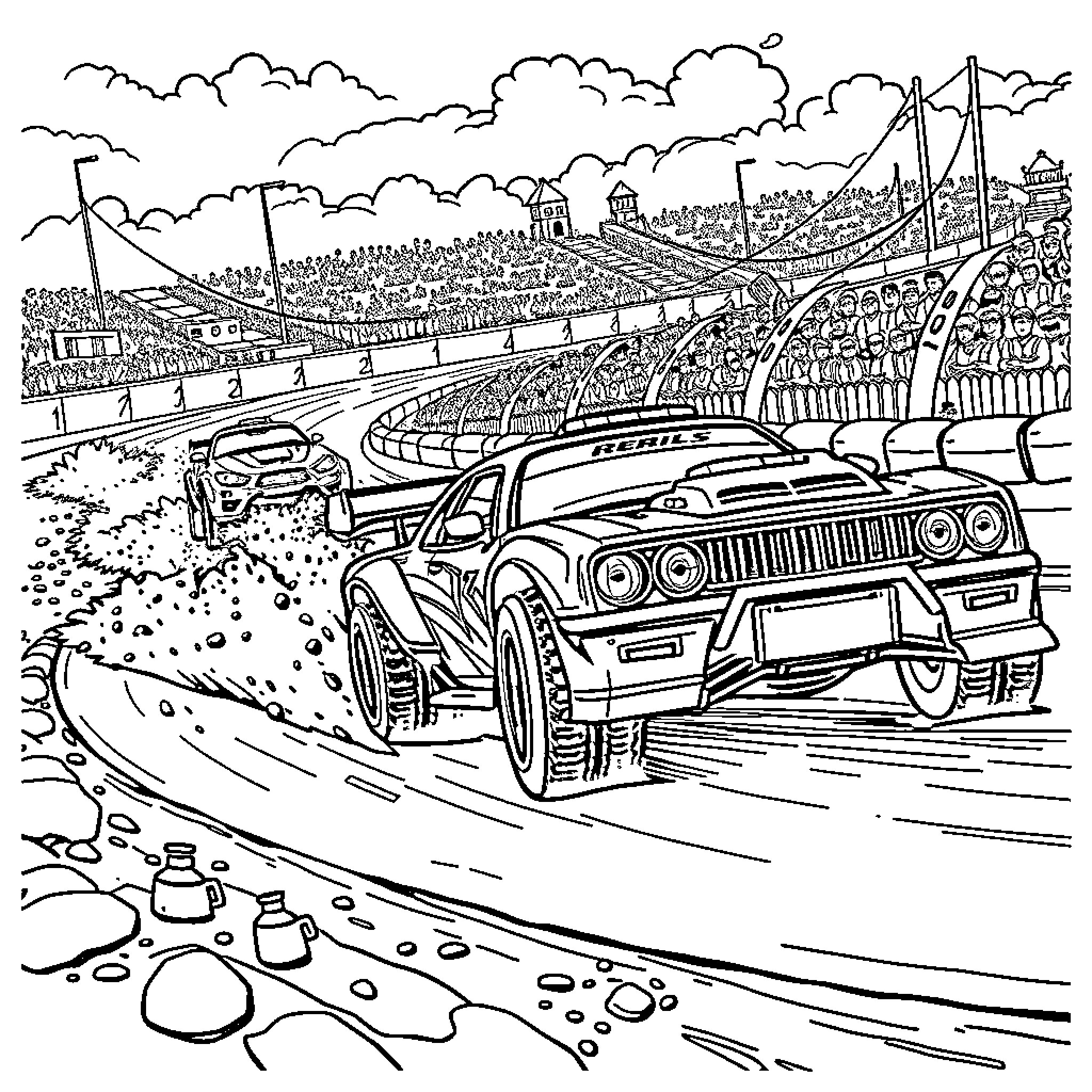 Rally Car Racing on Winding Track Coloring Page (free black-and-white line drawing printable PDF for all, from beginners to advanced learners, including children, teens, adults, and seniors)