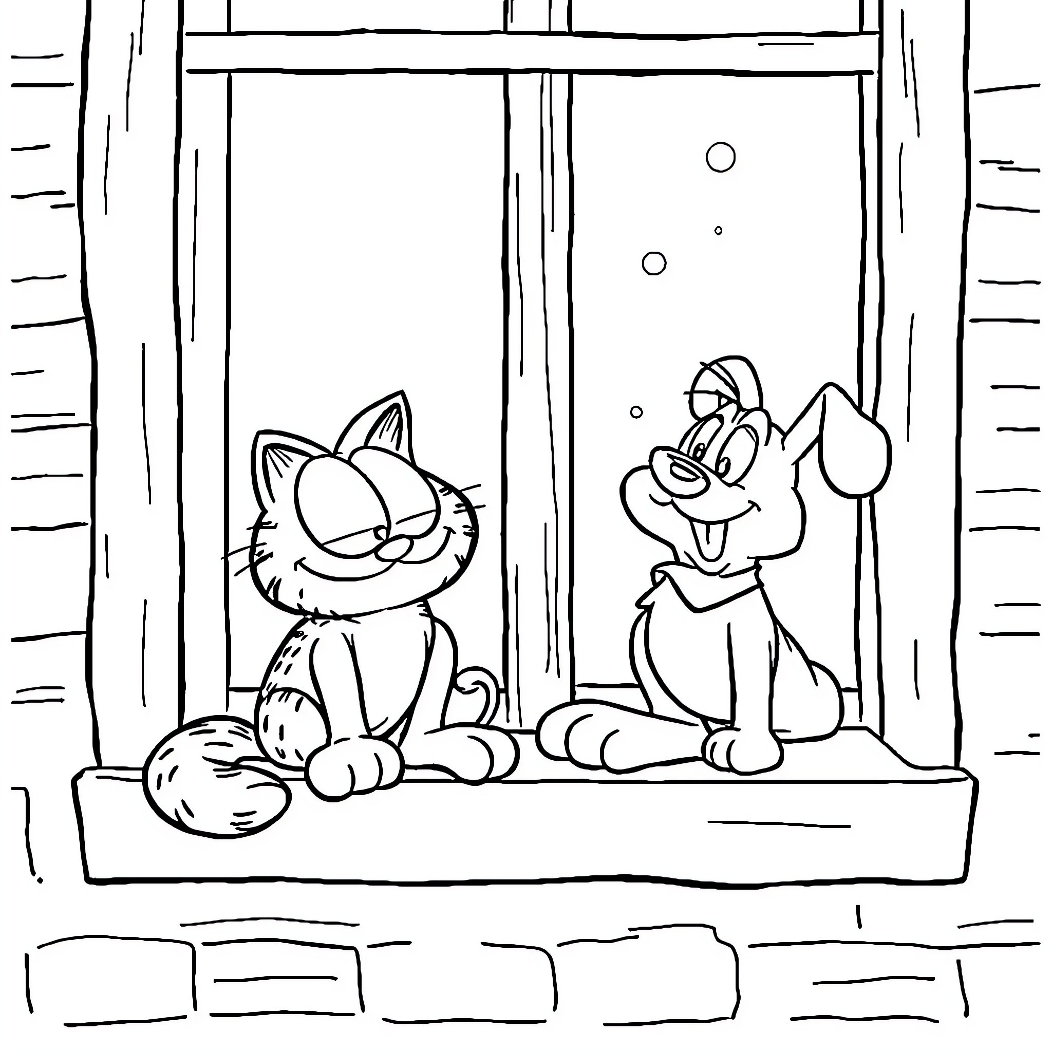 Garfield and Odie enjoying a cozy winter day Coloring Page (free black-and-white line drawing printable PDF for all, from beginners to advanced learners, including children, teens, adults, and seniors)