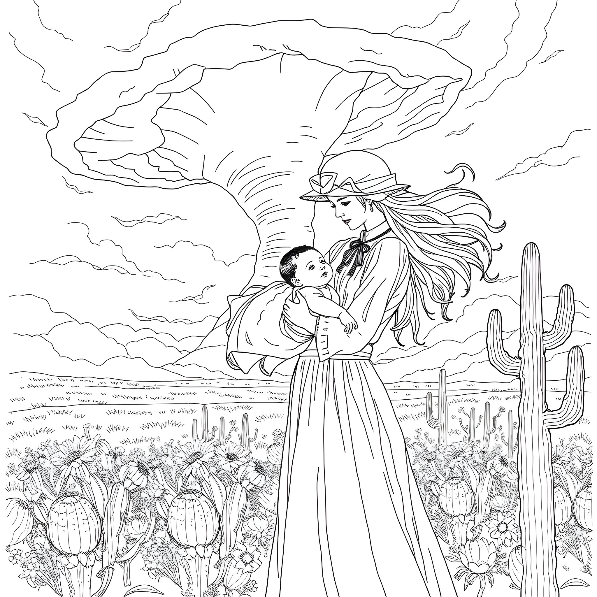 Woman embracing child amidst natural landscape Coloring Page (free black-and-white line drawing printable PDF for all, from beginners to advanced learners, including children, teens, adults, and seniors)