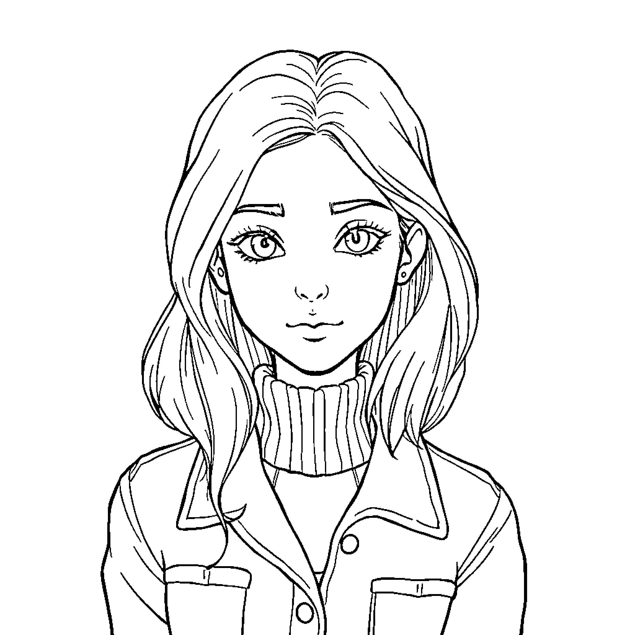 Fille in stylish casual attire Coloring Page (free black-and-white line drawing printable PDF for all, from beginners to advanced learners, including children, teens, adults, and seniors)