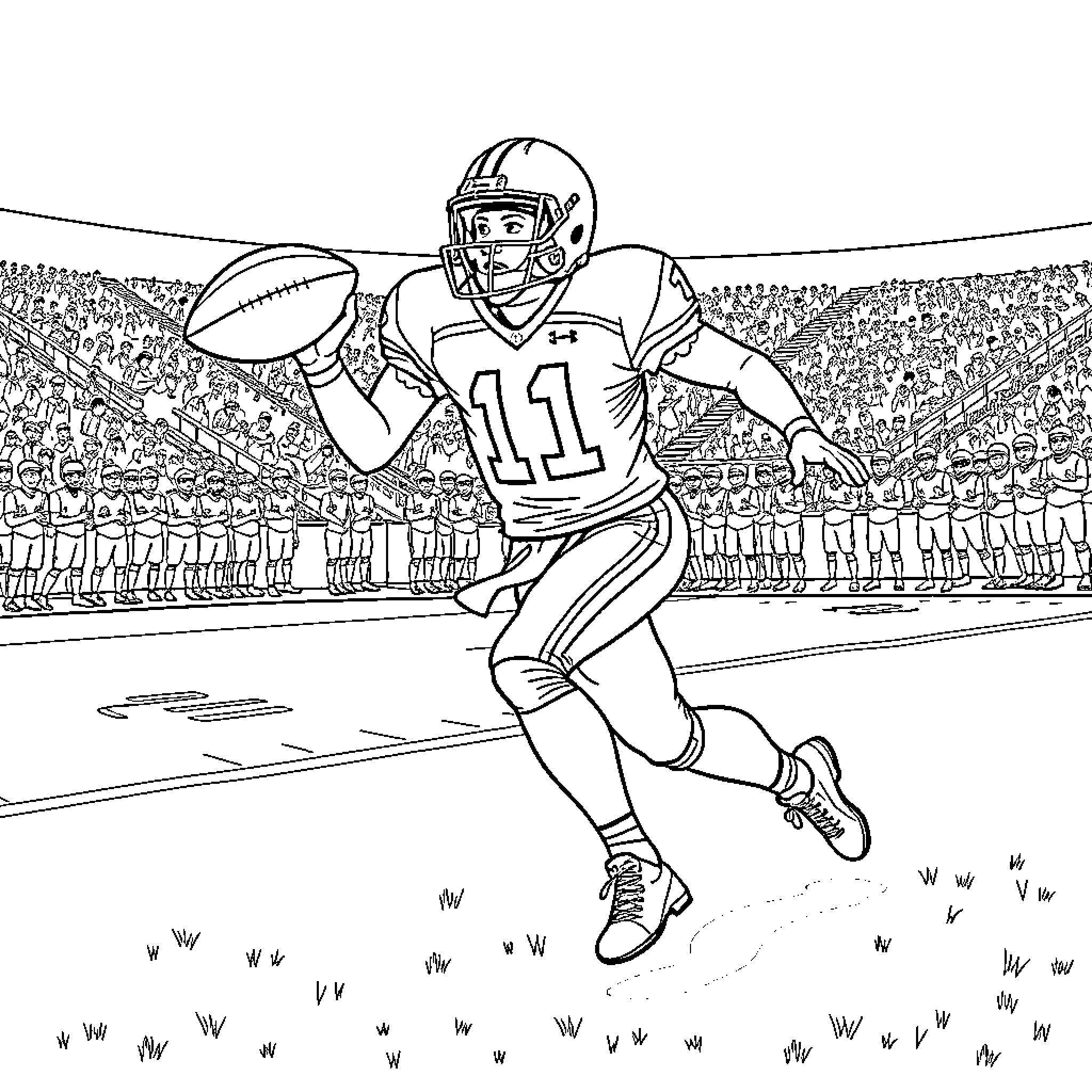Caleb Williams playing football on the field Coloring Page (free black-and-white line drawing printable PDF for all, from beginners to advanced learners, including children, teens, adults, and seniors)