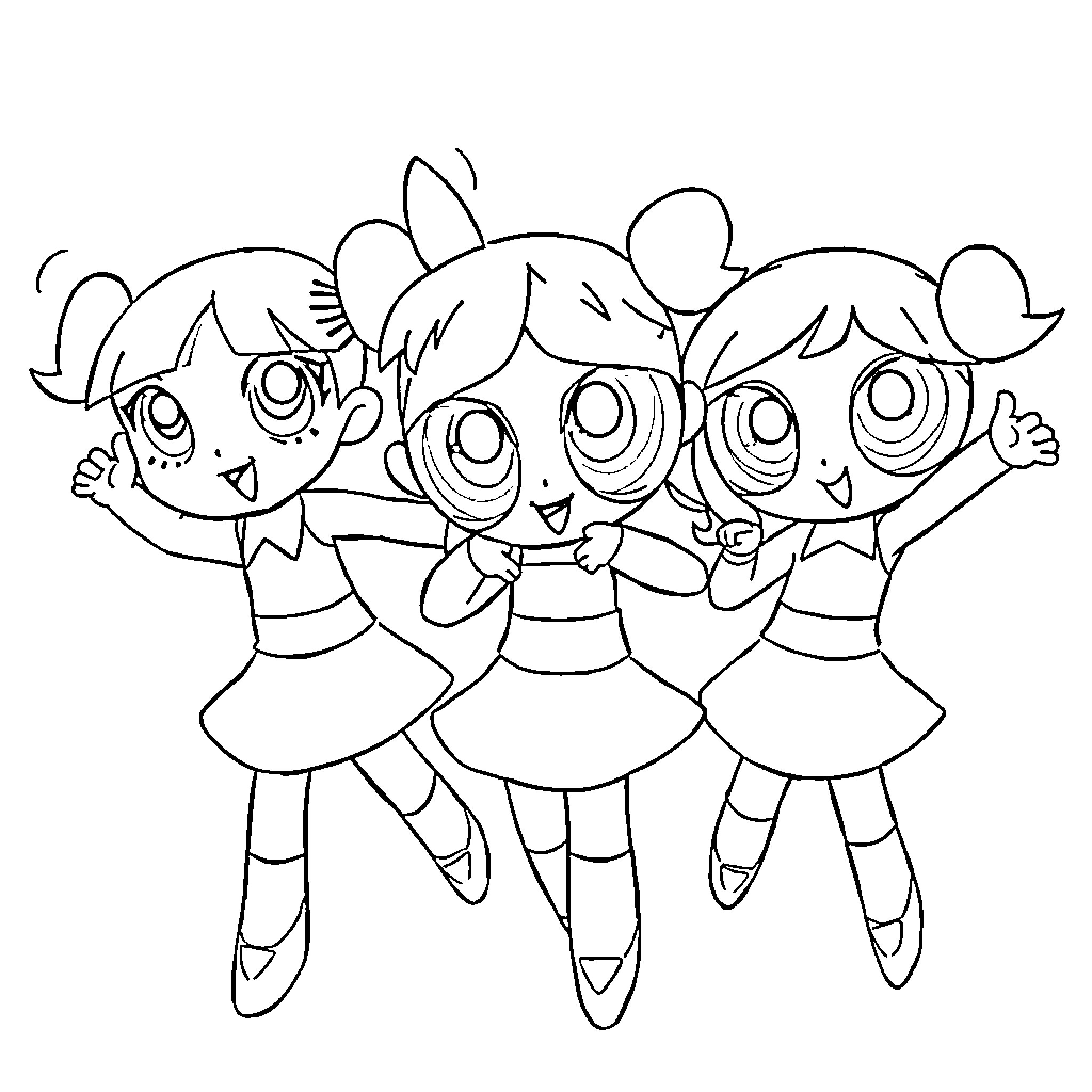 Powerpuff Girls Trio Jumping Joyfully Coloring Page (free black-and-white line drawing printable PDF for all, from beginners to advanced learners, including children, teens, adults, and seniors)