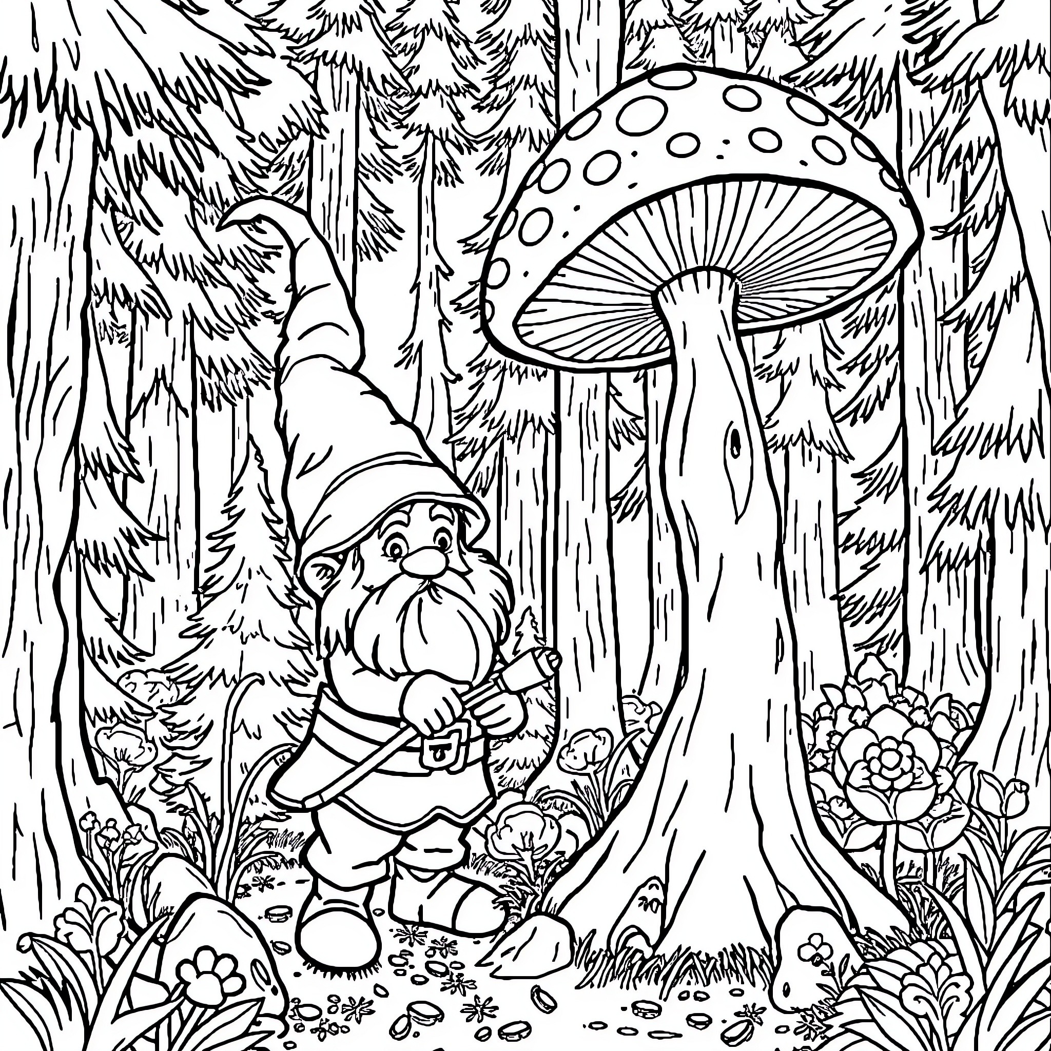 Gnome exploring enchanted forest with giant mushroom Coloring Page (free black-and-white line drawing printable PDF for all, from beginners to advanced learners, including children, teens, adults, and seniors)