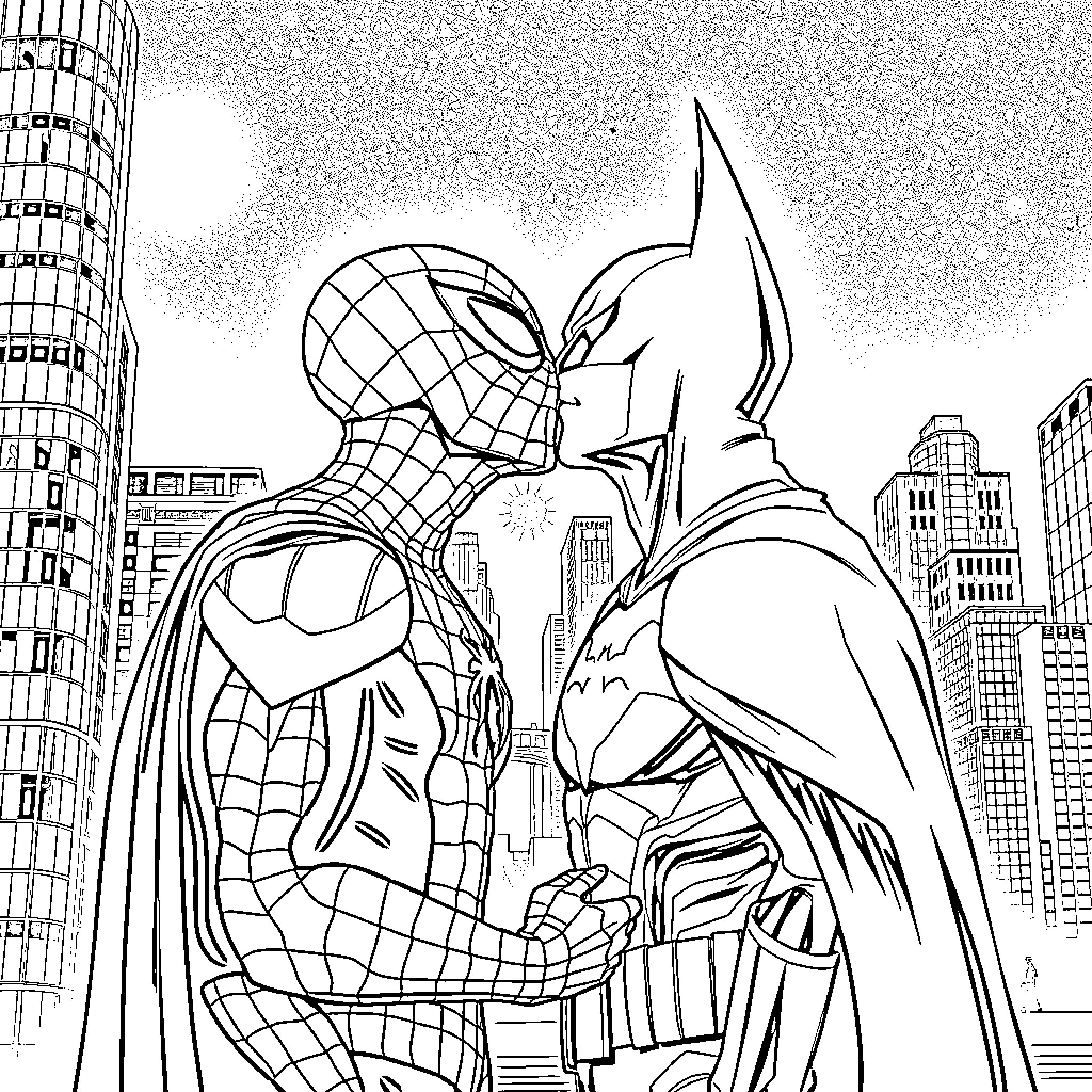 Spider-Man and Batman team up in the city Coloring Page (free black-and-white line drawing printable PDF for all, from beginners to advanced learners, including children, teens, adults, and seniors)