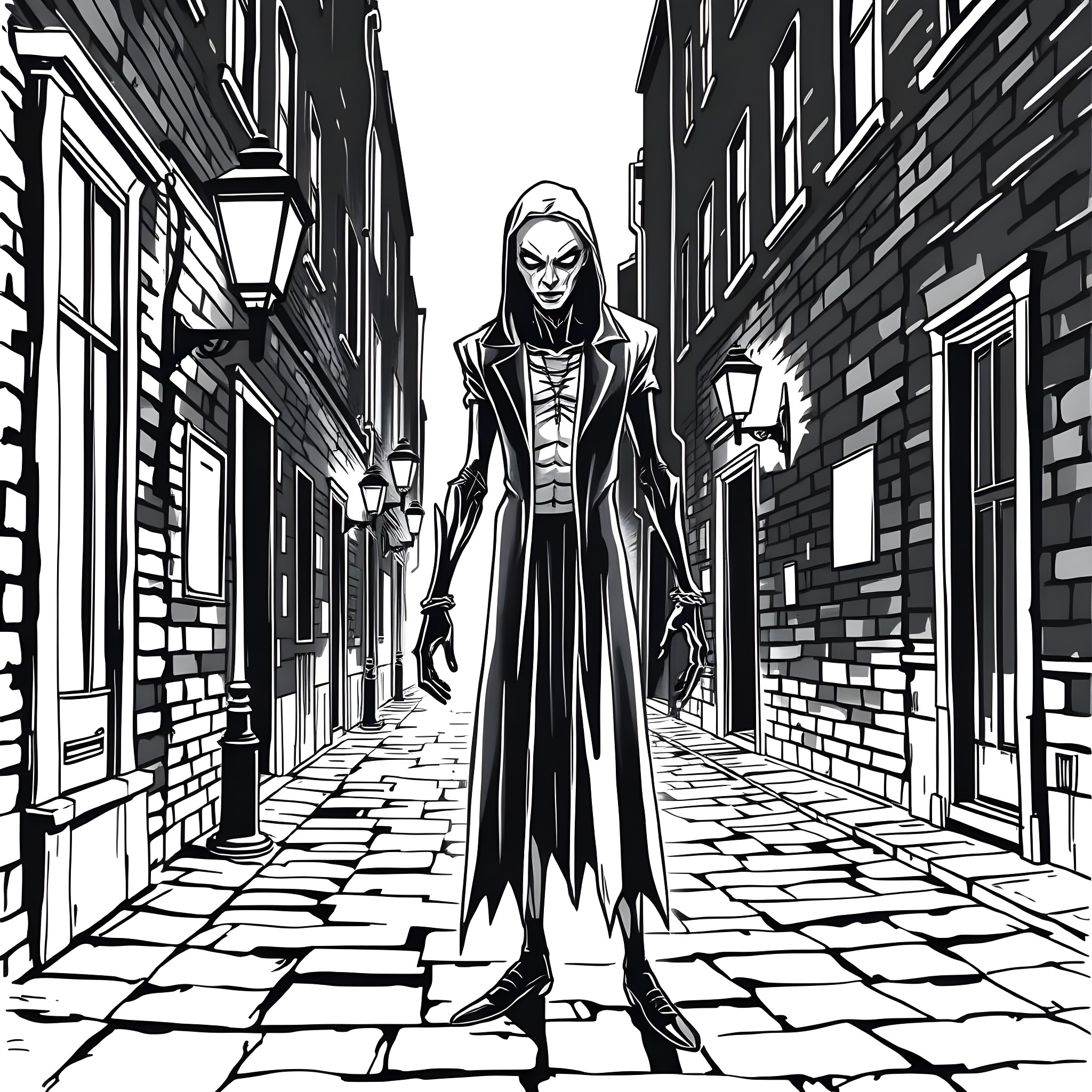 Human in hooded cloak walking down a dark alley Coloring Page (free black-and-white line drawing printable PDF for all, from beginners to advanced learners, including children, teens, adults, and seniors)