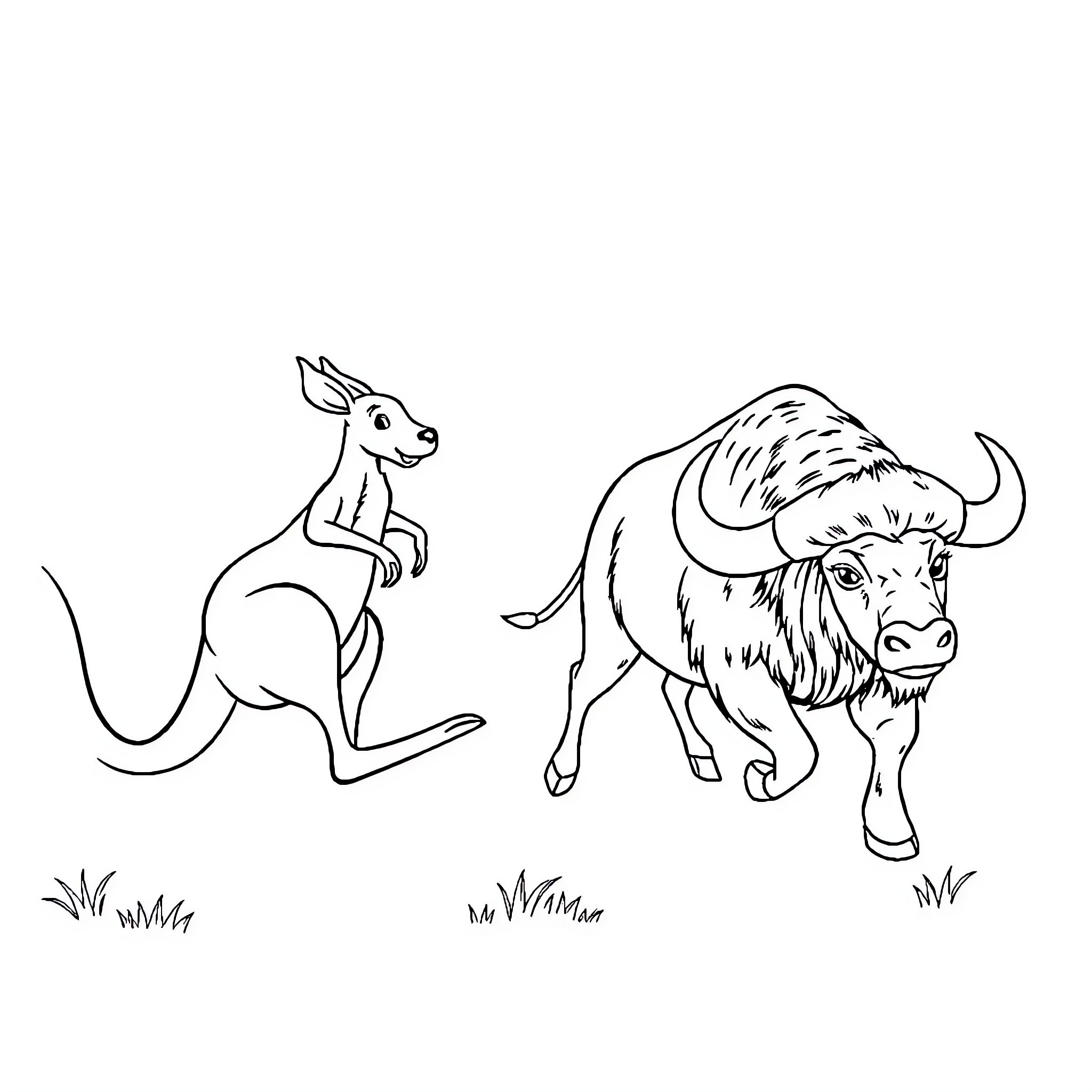 Kangaroo and buffalo in a field Coloring Page (free black-and-white line drawing printable PDF for all, from beginners to advanced learners, including children, teens, adults, and seniors)