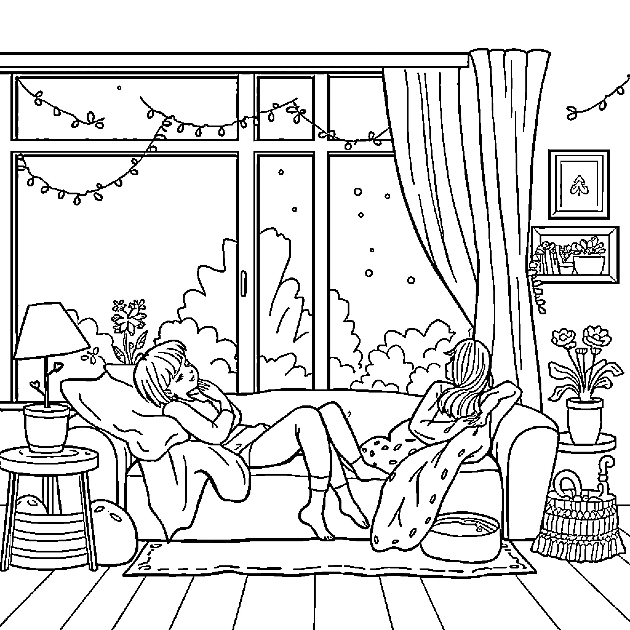 Life at Home in a Cozy Winter Scene Coloring Page (free black-and-white line drawing printable PDF for all, from beginners to advanced learners, including children, teens, adults, and seniors)