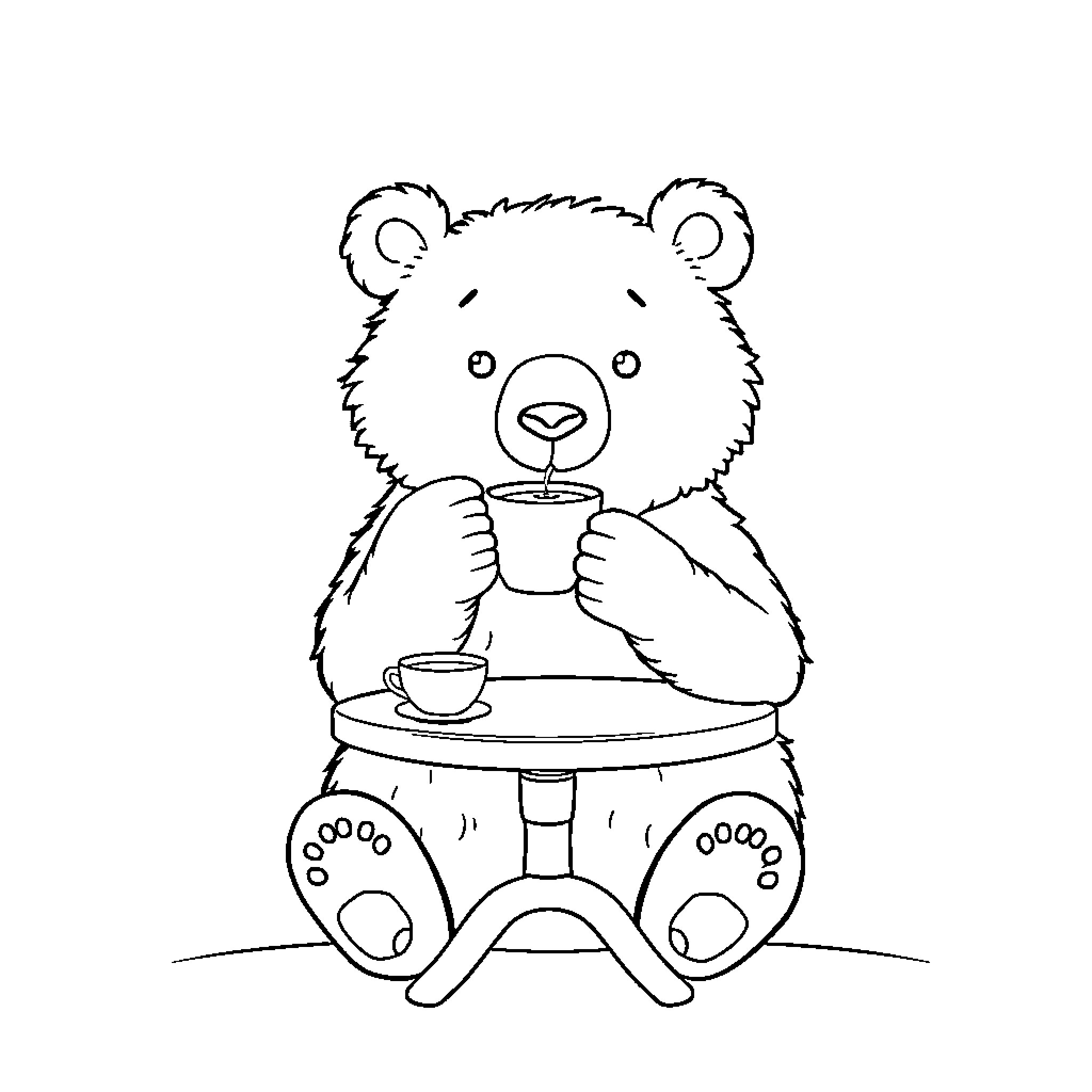 Bear enjoying a cup of tea Coloring Page (free black-and-white line drawing printable PDF for all, from beginners to advanced learners, including children, teens, adults, and seniors)