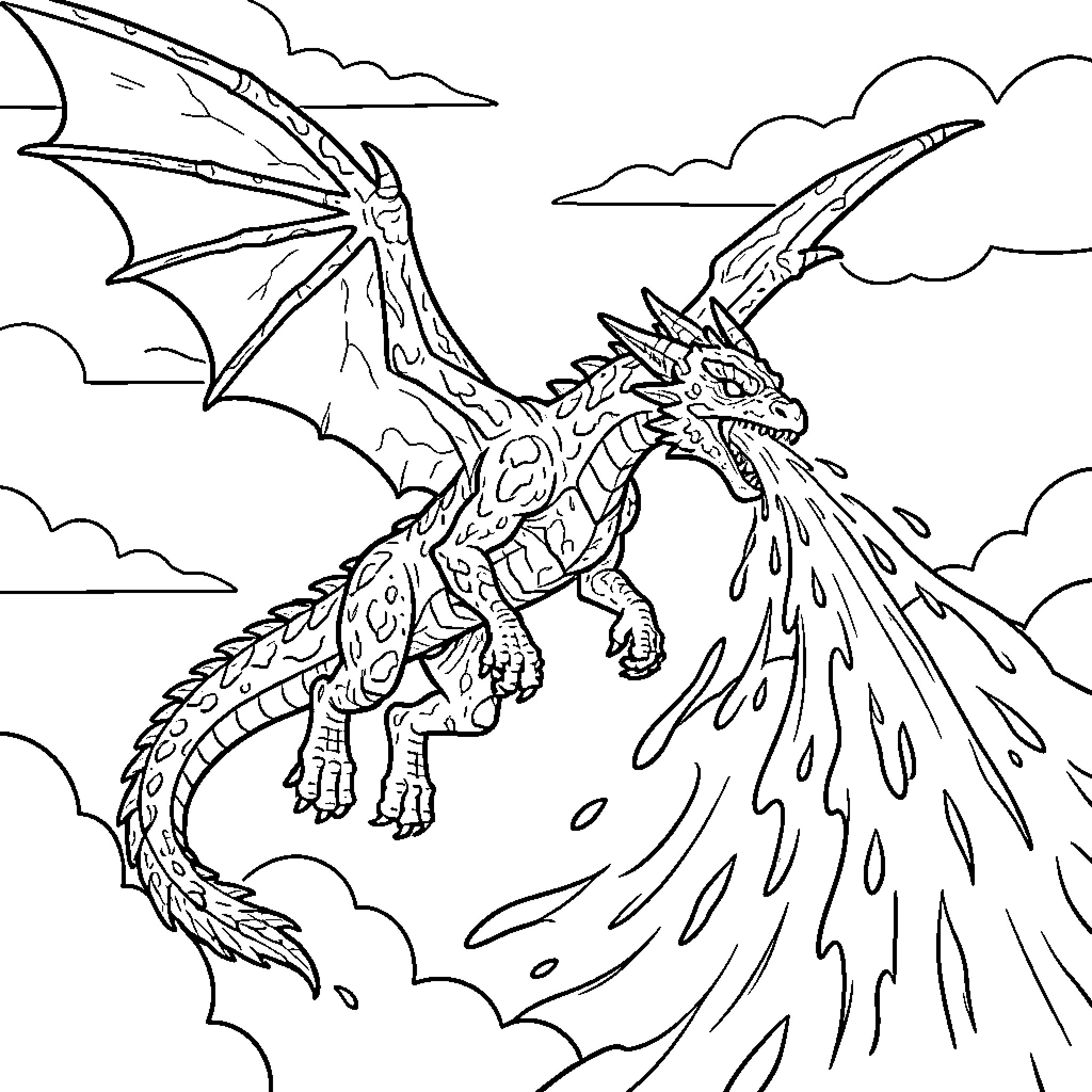 Wyvern breathing intense fire while flying through clouds Coloring Page (free black-and-white line drawing printable PDF for all, from beginners to advanced learners, including children, teens, adults, and seniors)