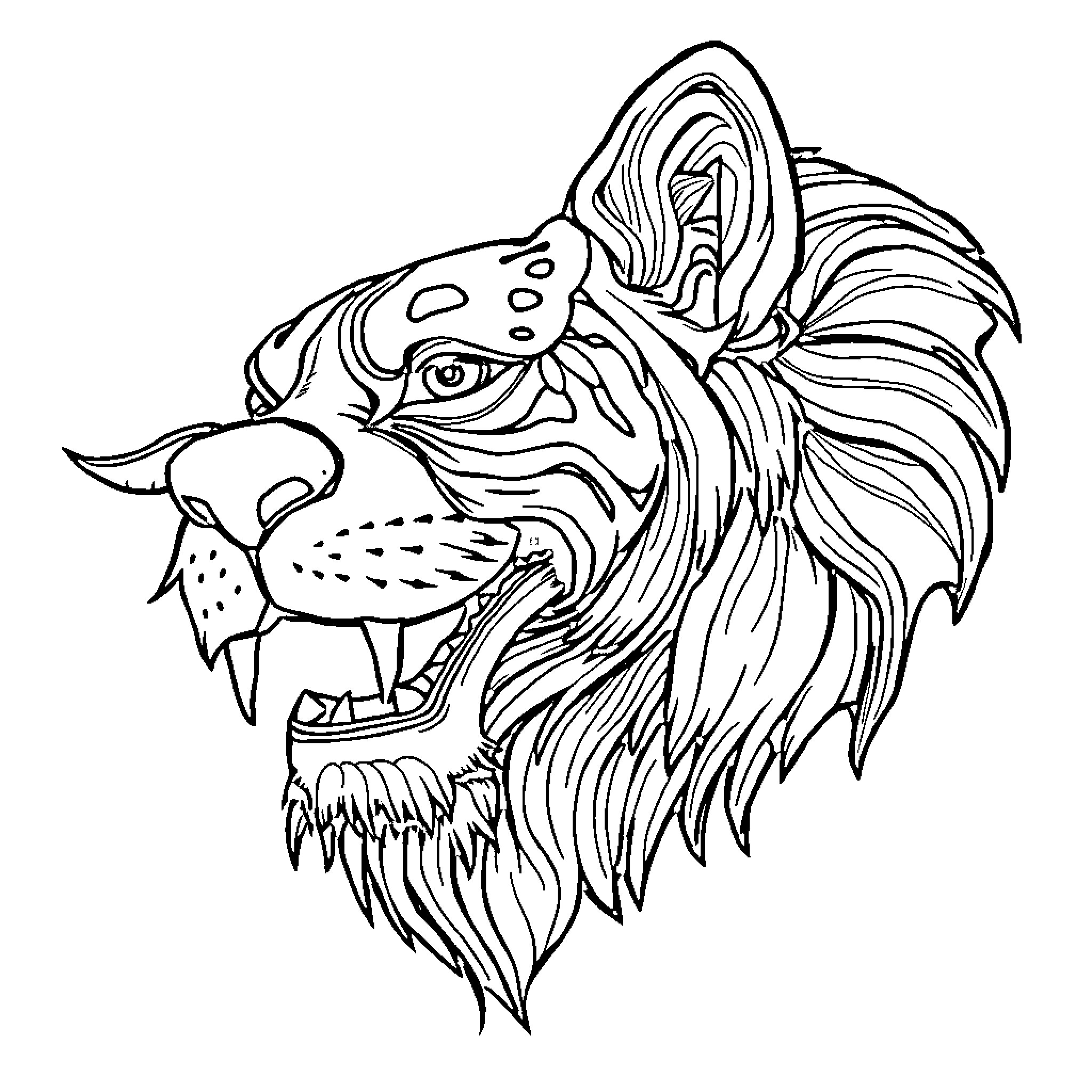 Phonic Ferocious Lion Head Illustration Coloring Page (free black-and-white line drawing printable PDF for all, from beginners to advanced learners, including children, teens, adults, and seniors)
