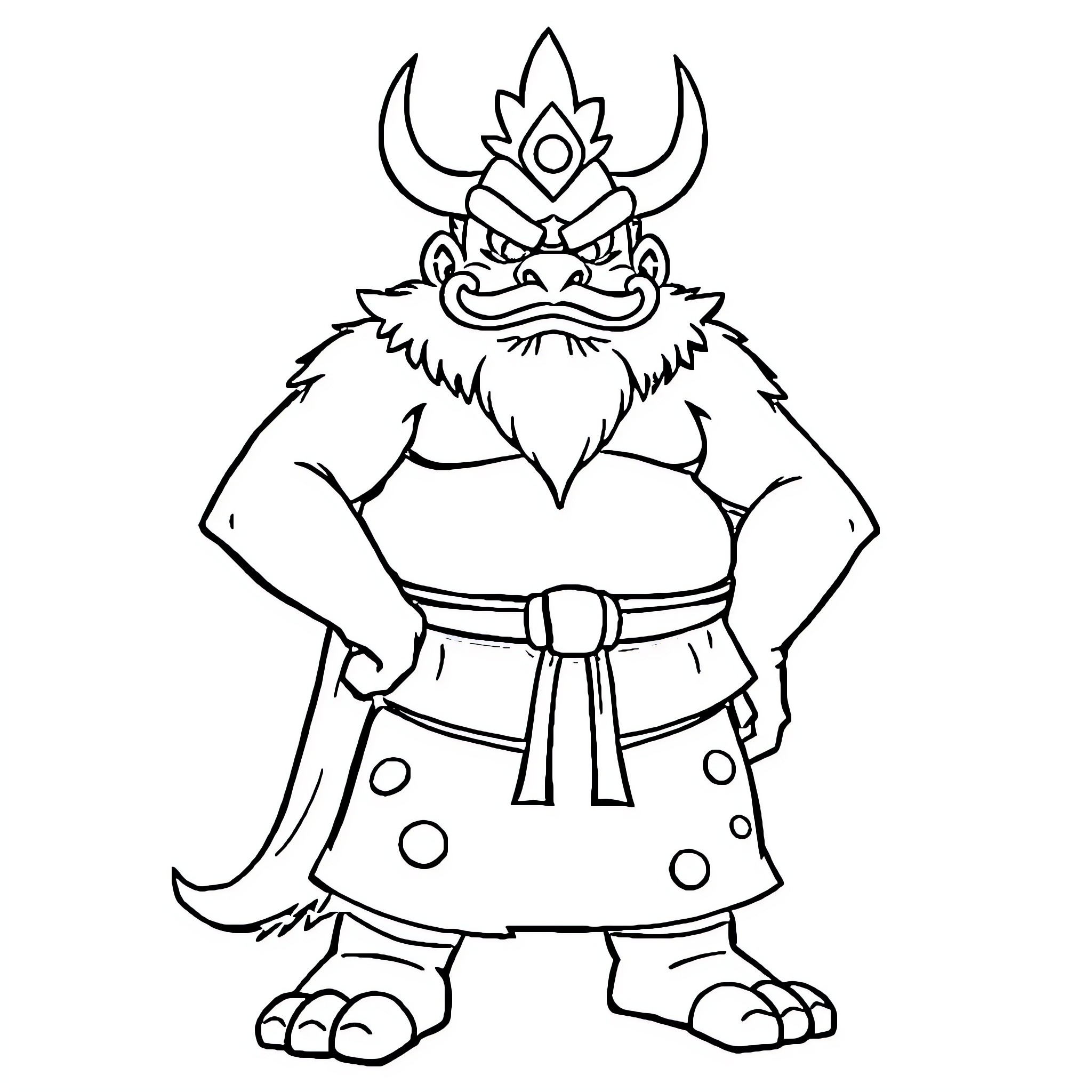 Sangogu: Powerful Warrior in Traditional Attire Coloring Page (free black-and-white line drawing printable PDF for all, from beginners to advanced learners, including children, teens, adults, and seniors)