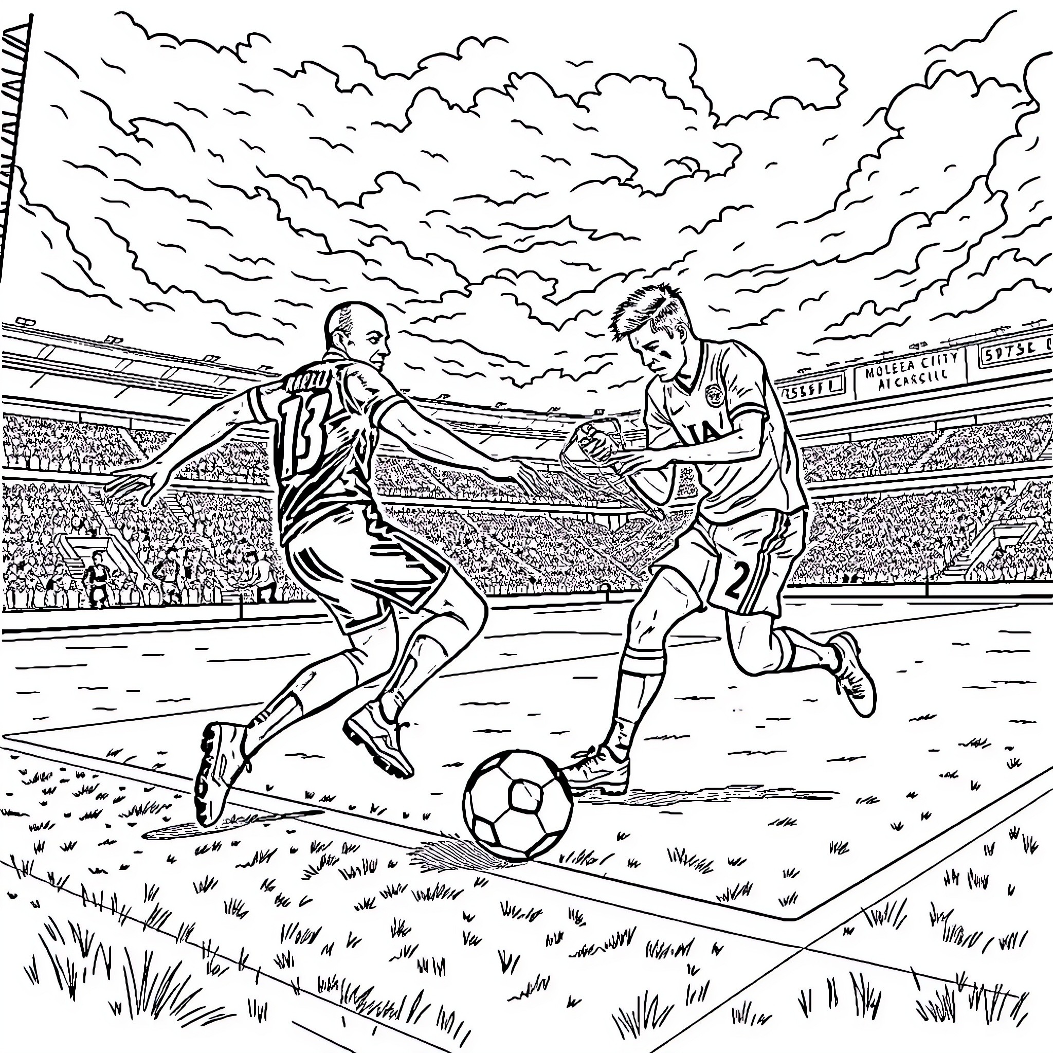 Football Players Competing Intensely in the Stadium Coloring Page (free black-and-white line drawing printable PDF for all, from beginners to advanced learners, including children, teens, adults, and seniors)