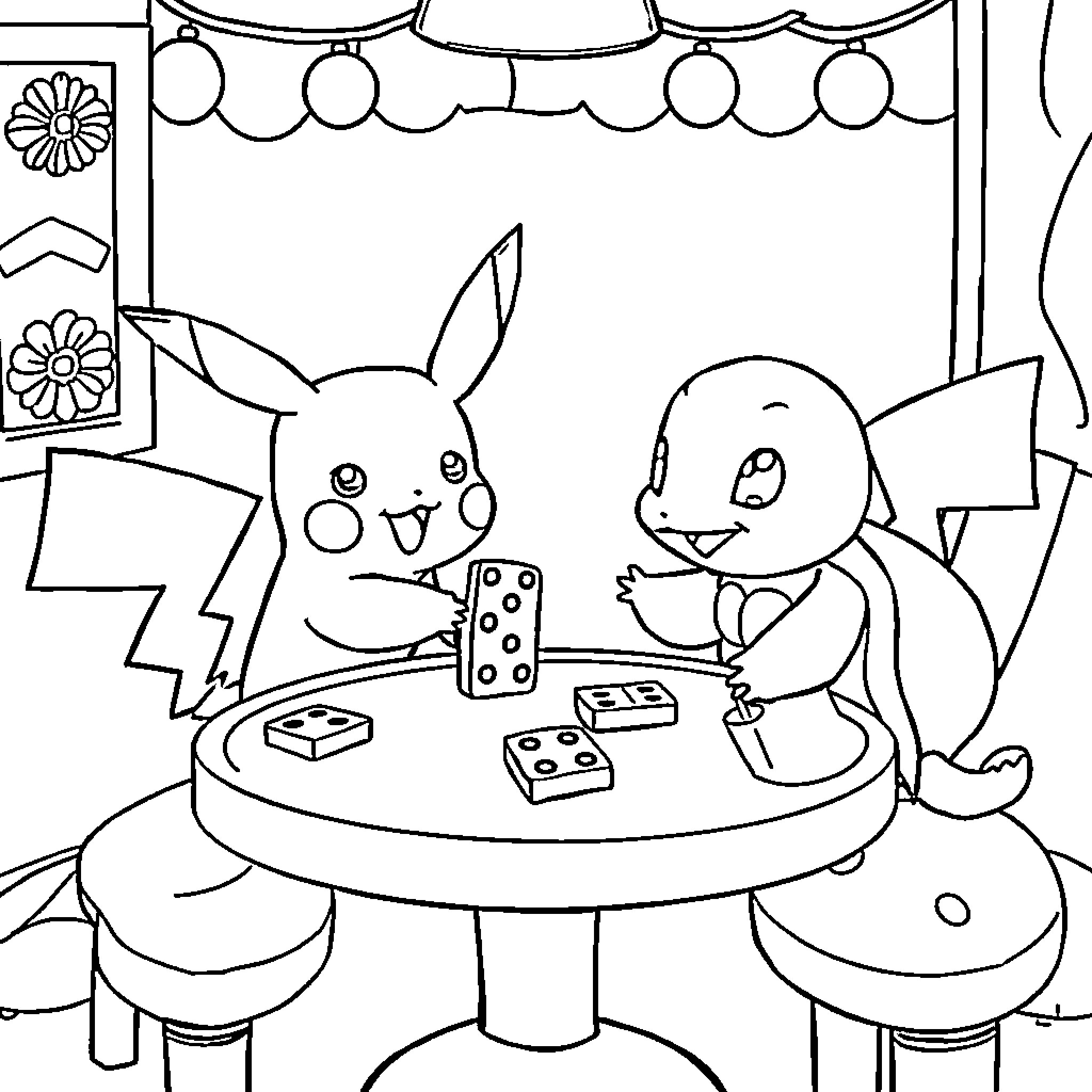 Pikachu and Charmander playing board games together Coloring Page (free black-and-white line drawing printable PDF for all, from beginners to advanced learners, including children, teens, adults, and seniors)