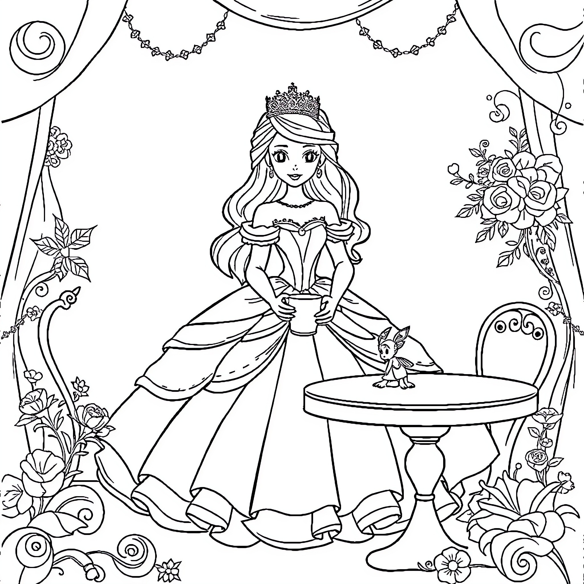 Princess in a Lush Garden Setting Coloring Page (free black-and-white line drawing printable PDF for all, from beginners to advanced learners, including children, teens, adults, and seniors)