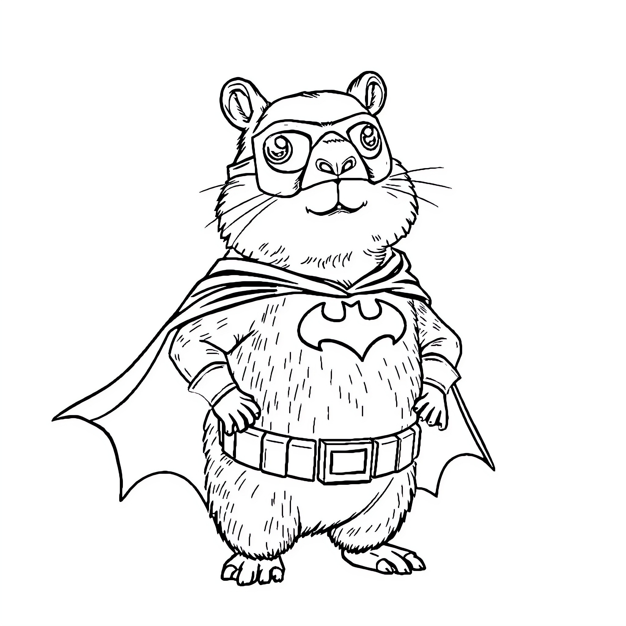 Capibara superhero in action Coloring Page (free black-and-white line drawing printable PDF for all, from beginners to advanced learners, including children, teens, adults, and seniors)