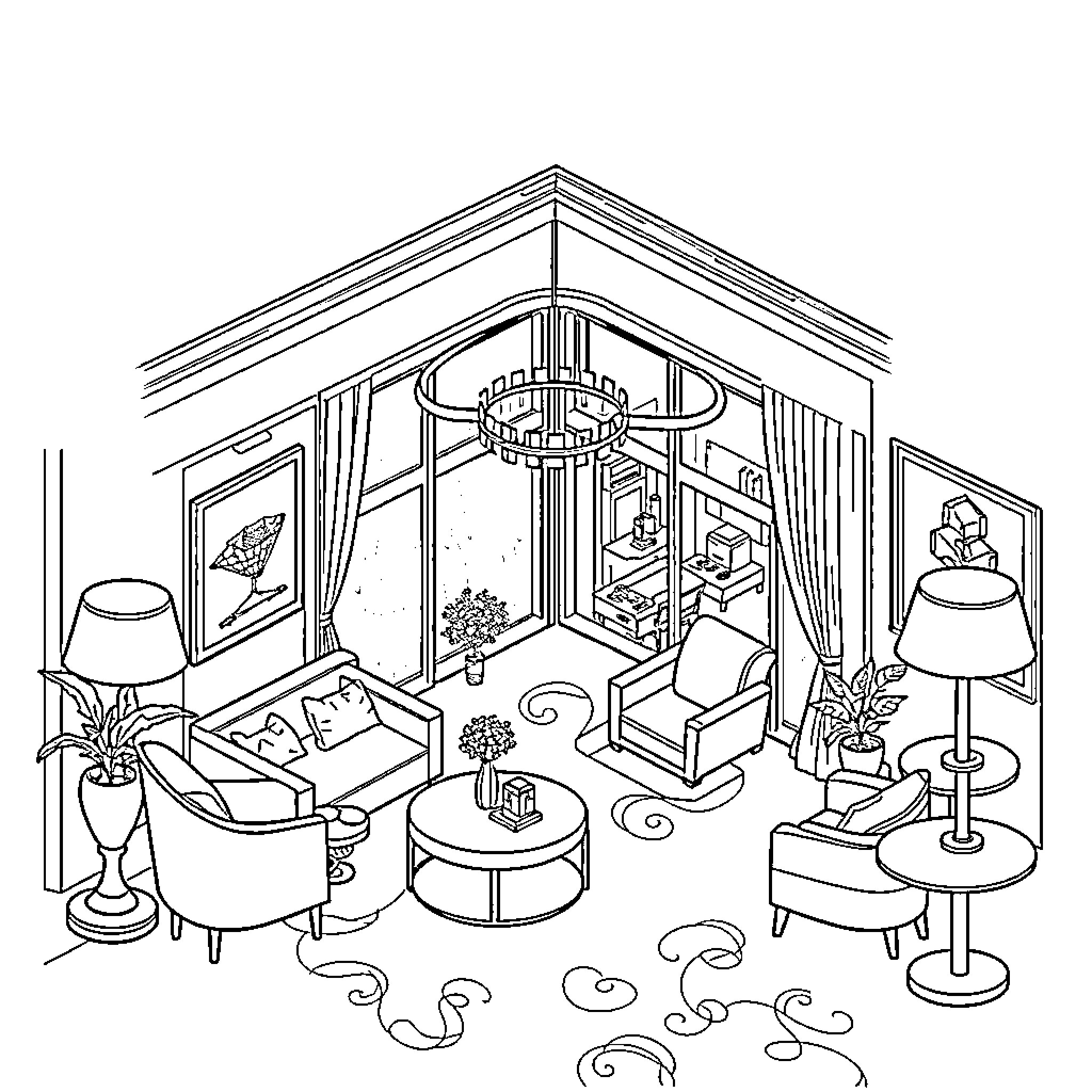 Hotel Room with Cozy Furnishings and Decor Coloring Page (free black-and-white line drawing printable PDF for all, from beginners to advanced learners, including children, teens, adults, and seniors)