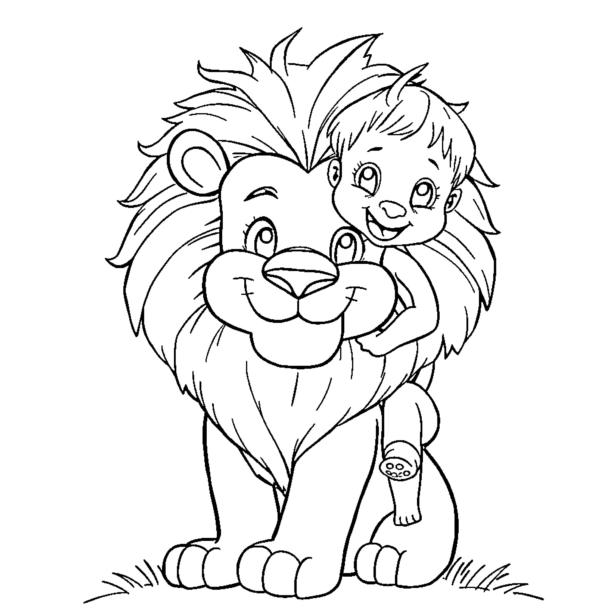 Lion and child playing together Coloring Page (free black-and-white line drawing printable PDF for all, from beginners to advanced learners, including children, teens, adults, and seniors)