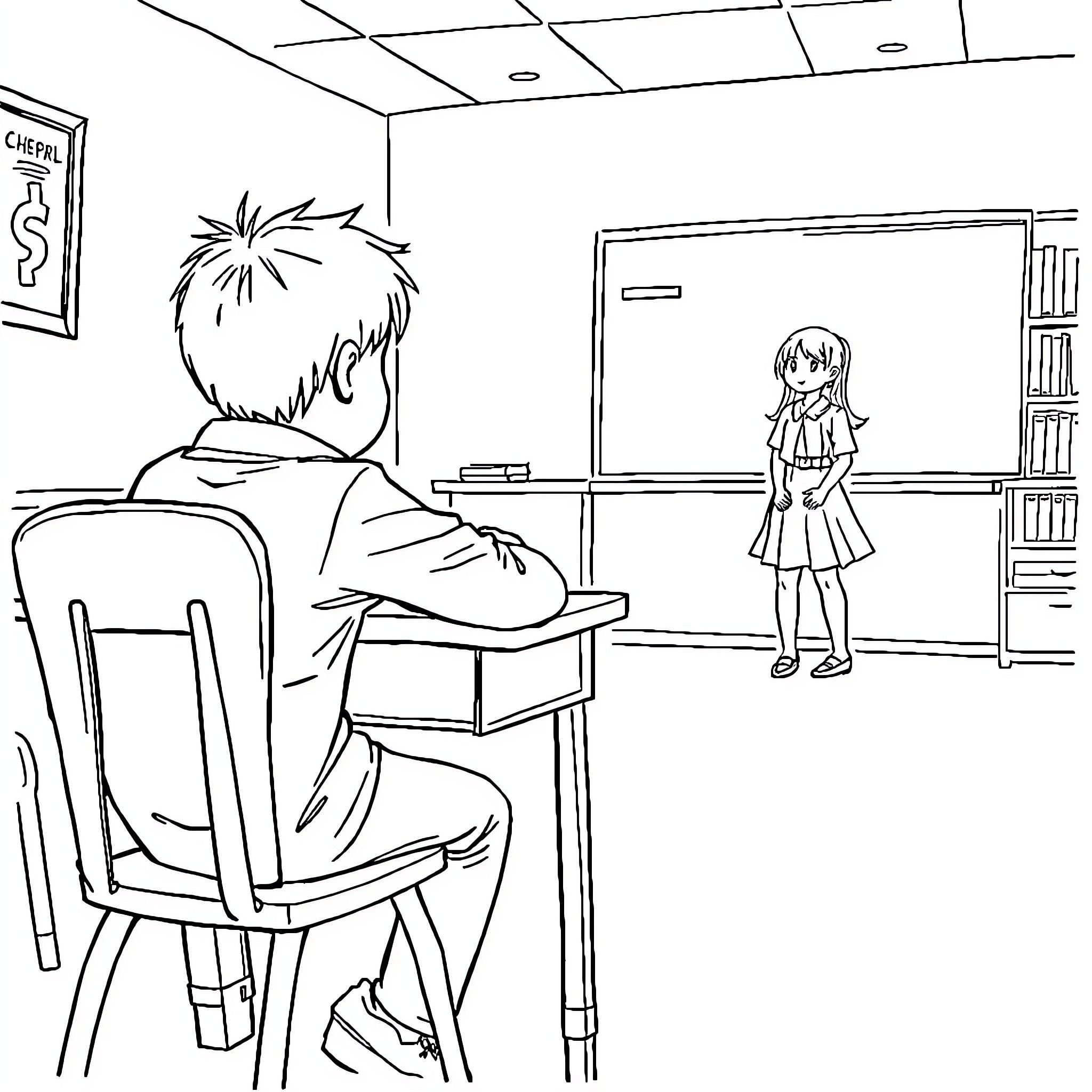 Boy sitting at desk with girl standing in classroom Coloring Page (free black-and-white line drawing printable PDF for all, from beginners to advanced learners, including children, teens, adults, and seniors)