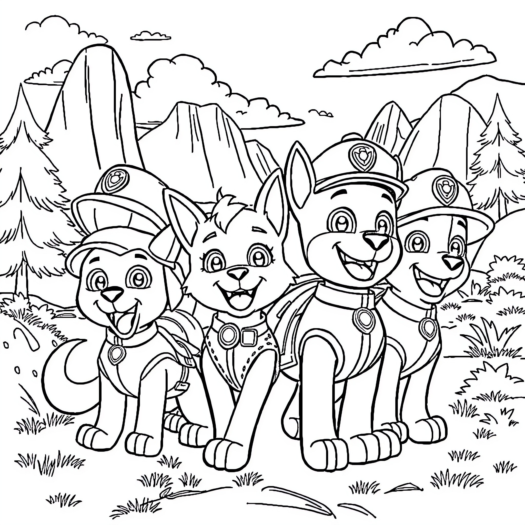 Paw Patrol pups exploring the great outdoors Coloring Page (free black-and-white line drawing printable PDF for all, from beginners to advanced learners, including children, teens, adults, and seniors)