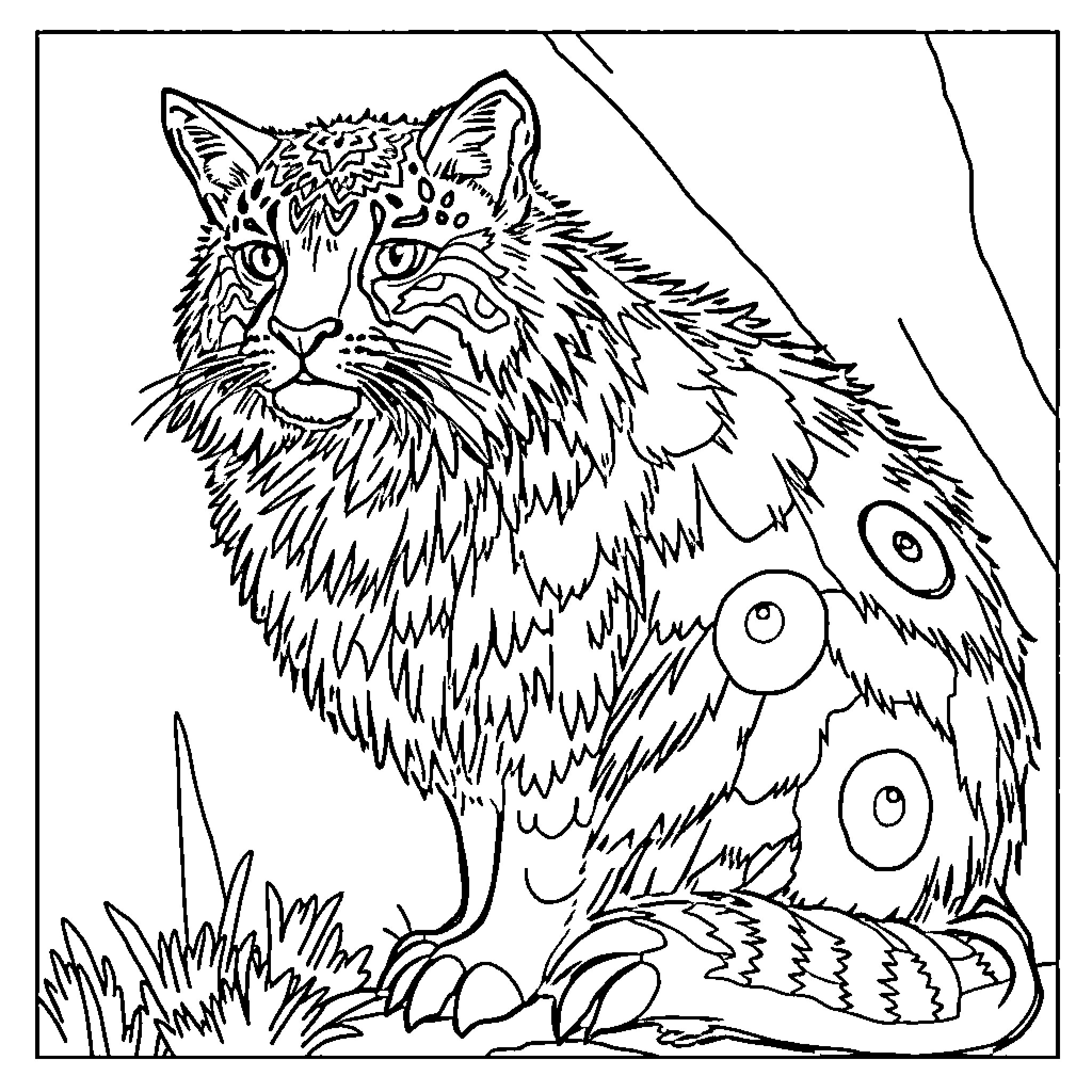 Animal with intricate markings in a natural setting Coloring Page (free black-and-white line drawing printable PDF for all, from beginners to advanced learners, including children, teens, adults, and seniors)