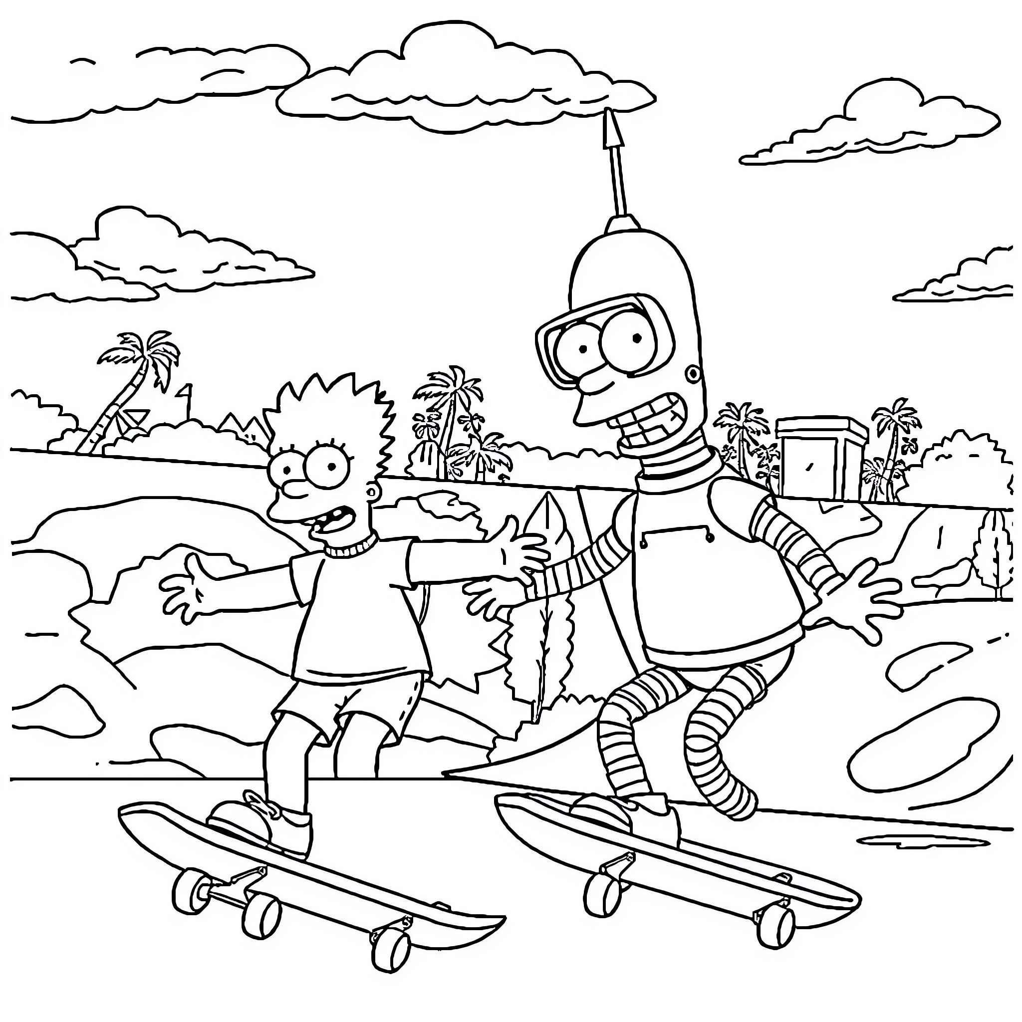 Homer Simpson and Bart enjoy a surfing adventure Coloring Page (free black-and-white line drawing printable PDF for all, from beginners to advanced learners, including children, teens, adults, and seniors)