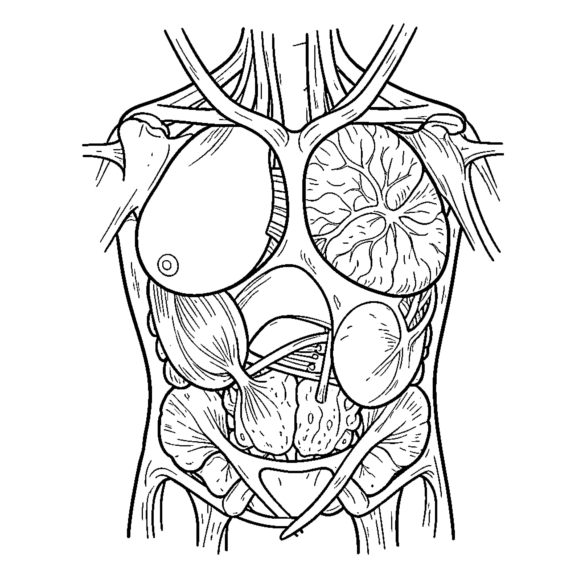 Anatomy of human internal organs and muscle structures Coloring Page (free black-and-white line drawing printable PDF for all, from beginners to advanced learners, including children, teens, adults, and seniors)