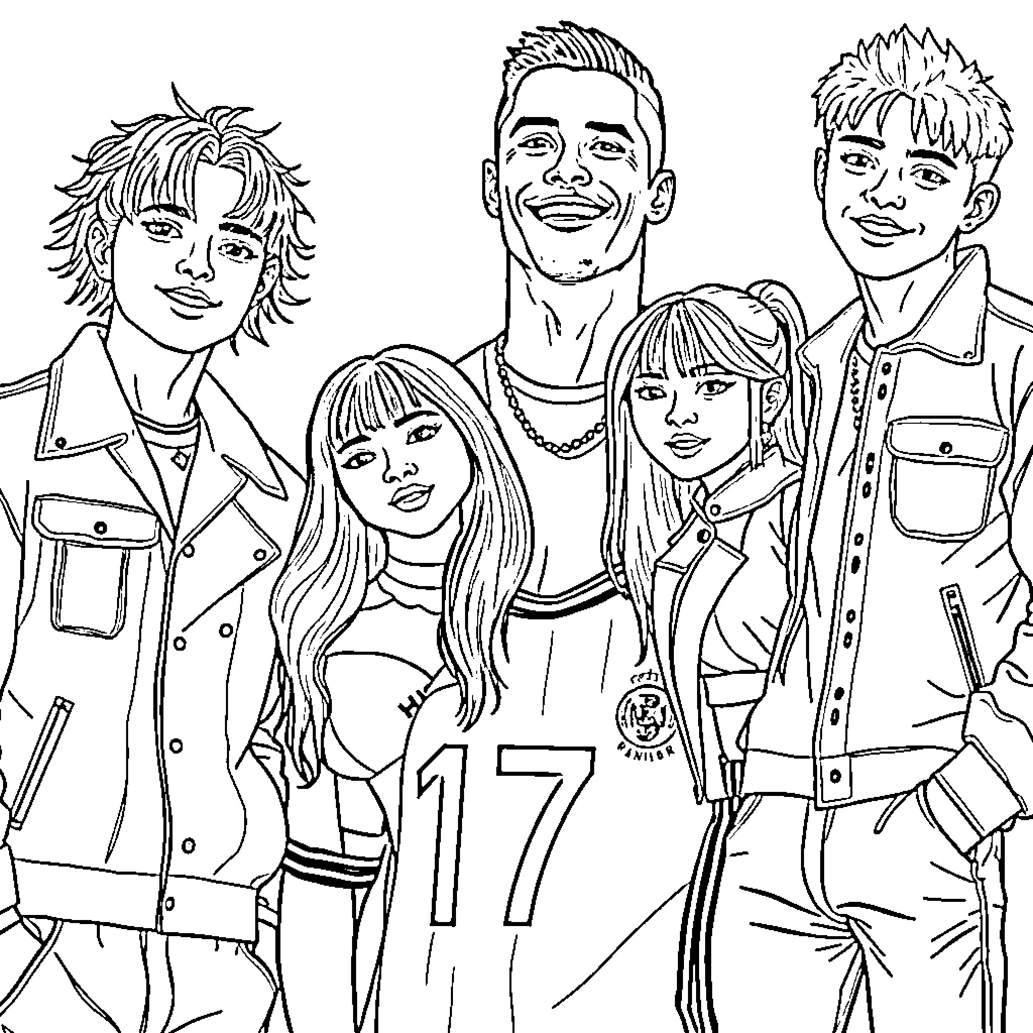 Cristiano Ronaldo and his friends in casual outfits Coloring Page (free black-and-white line drawing printable PDF for all, from beginners to advanced learners, including children, teens, adults, and seniors)
