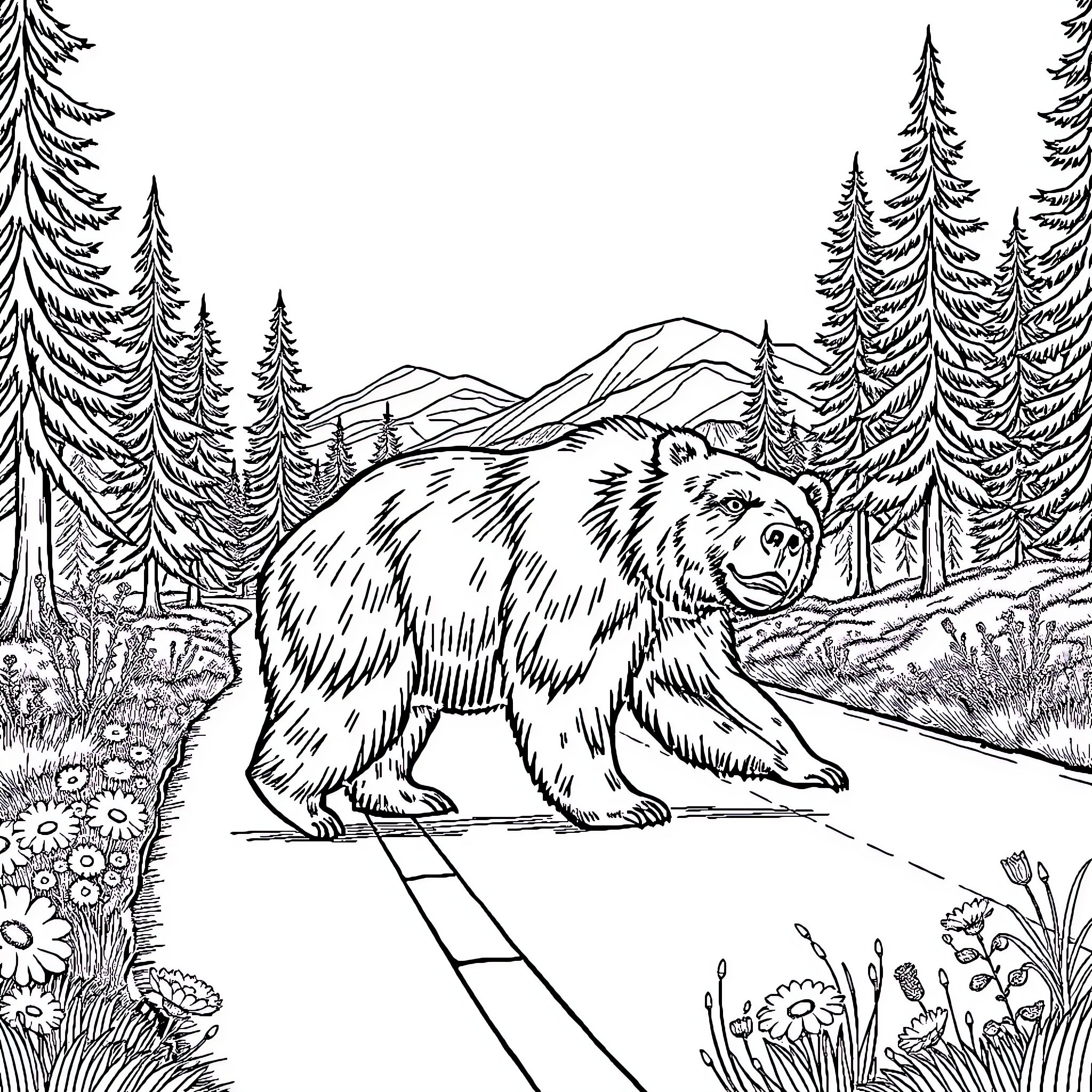 Bear exploring the serene forest landscape Coloring Page (free black-and-white line drawing printable PDF for all, from beginners to advanced learners, including children, teens, adults, and seniors)