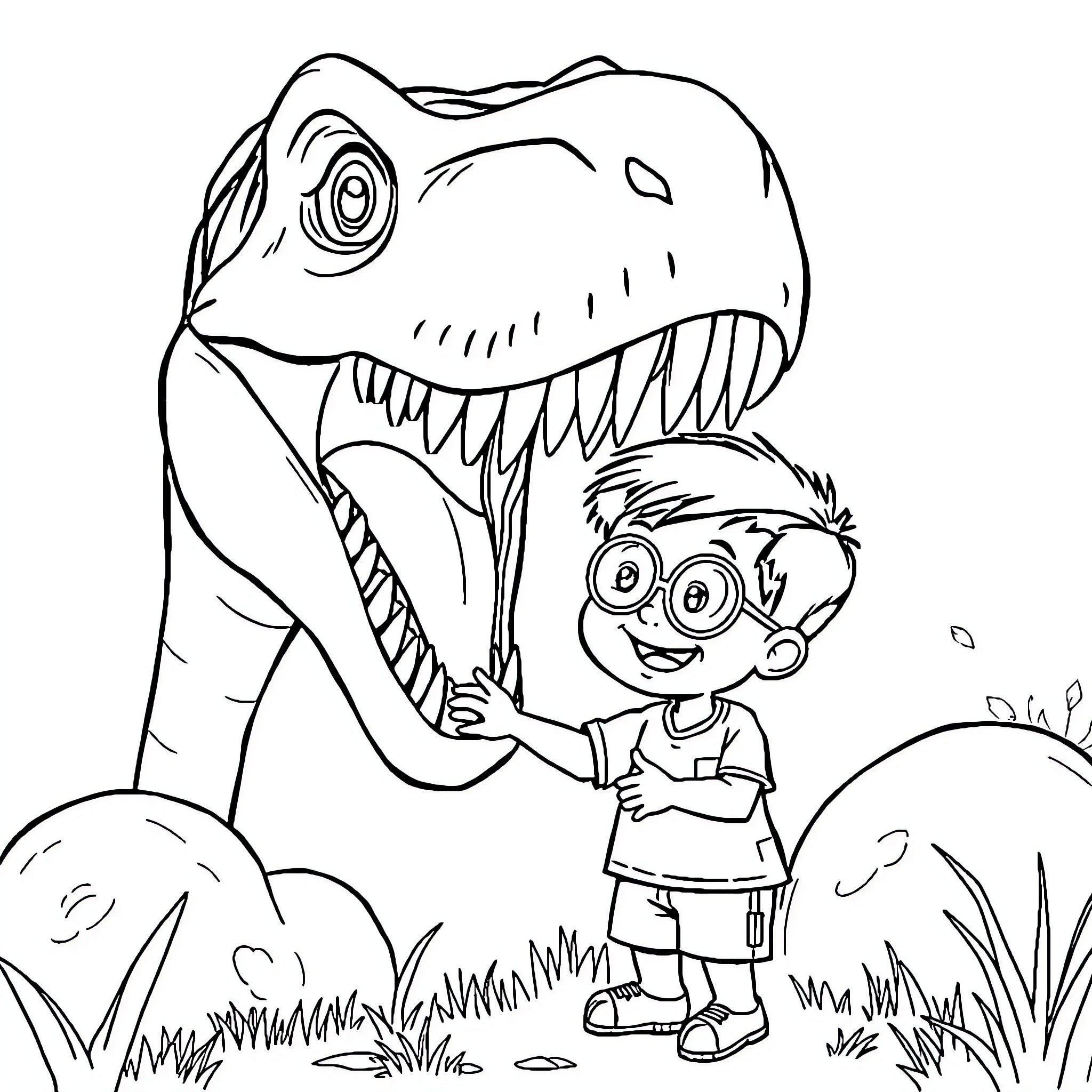 Boy exploring with a dinosaur in the wilderness Coloring Page (free black-and-white line drawing printable PDF for all, from beginners to advanced learners, including children, teens, adults, and seniors)
