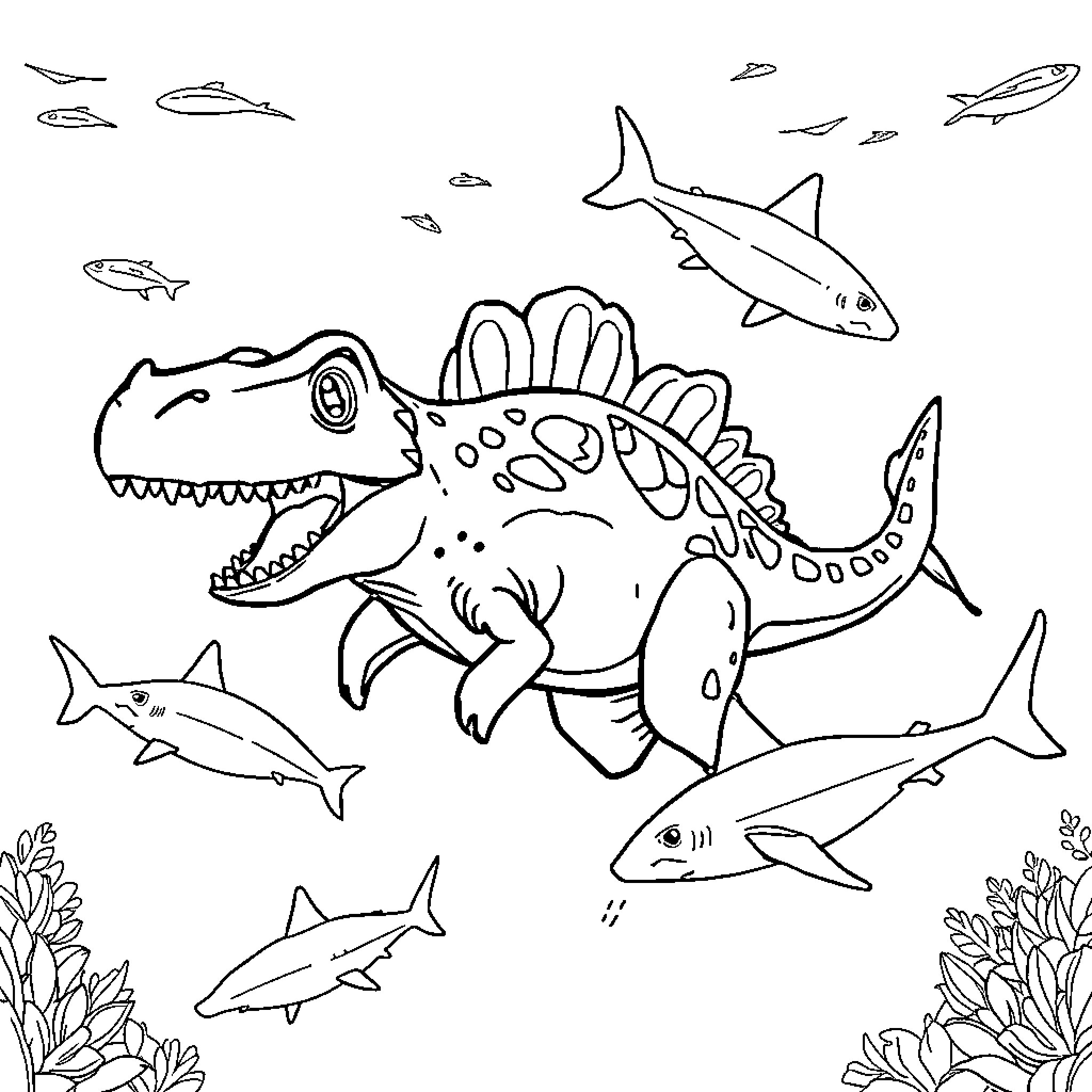 Spinosaurus in an underwater scene with sea creatures Coloring Page (free black-and-white line drawing printable PDF for all, from beginners to advanced learners, including children, teens, adults, and seniors)