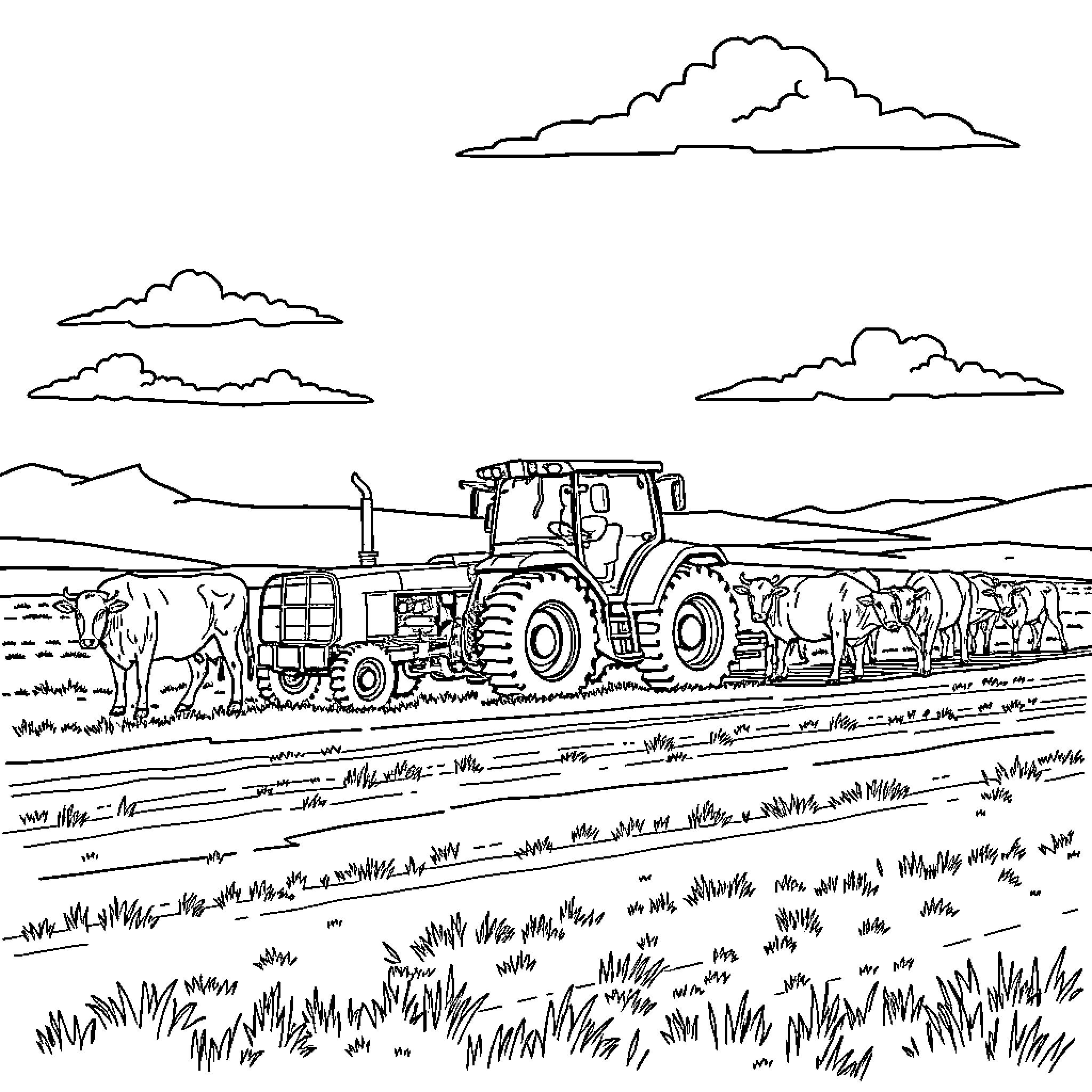 Tractor plowing the field with herd of cows Coloring Page (free black-and-white line drawing printable PDF for all, from beginners to advanced learners, including children, teens, adults, and seniors)