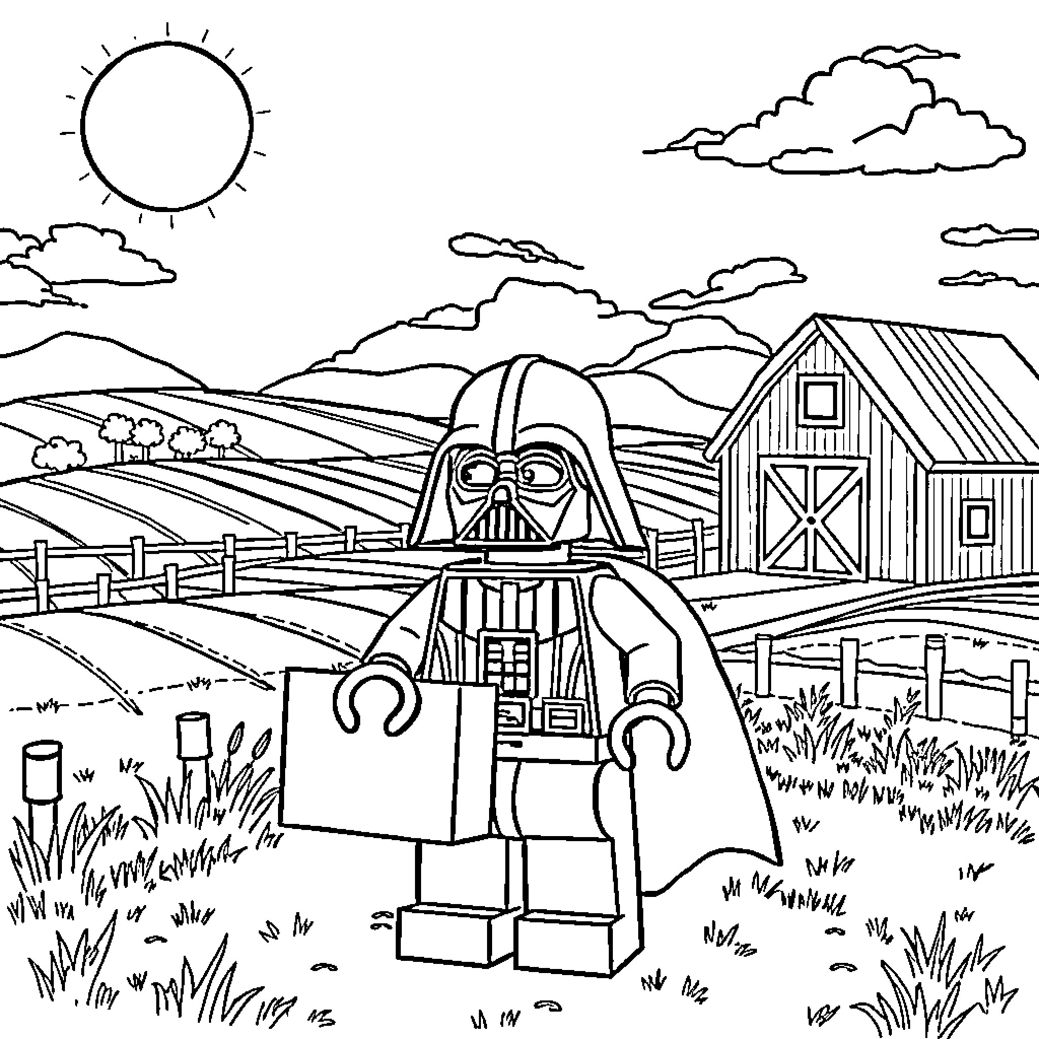 Darth Vader explores a rural countryside landscape Coloring Page (free black-and-white line drawing printable PDF for all, from beginners to advanced learners, including children, teens, adults, and seniors)